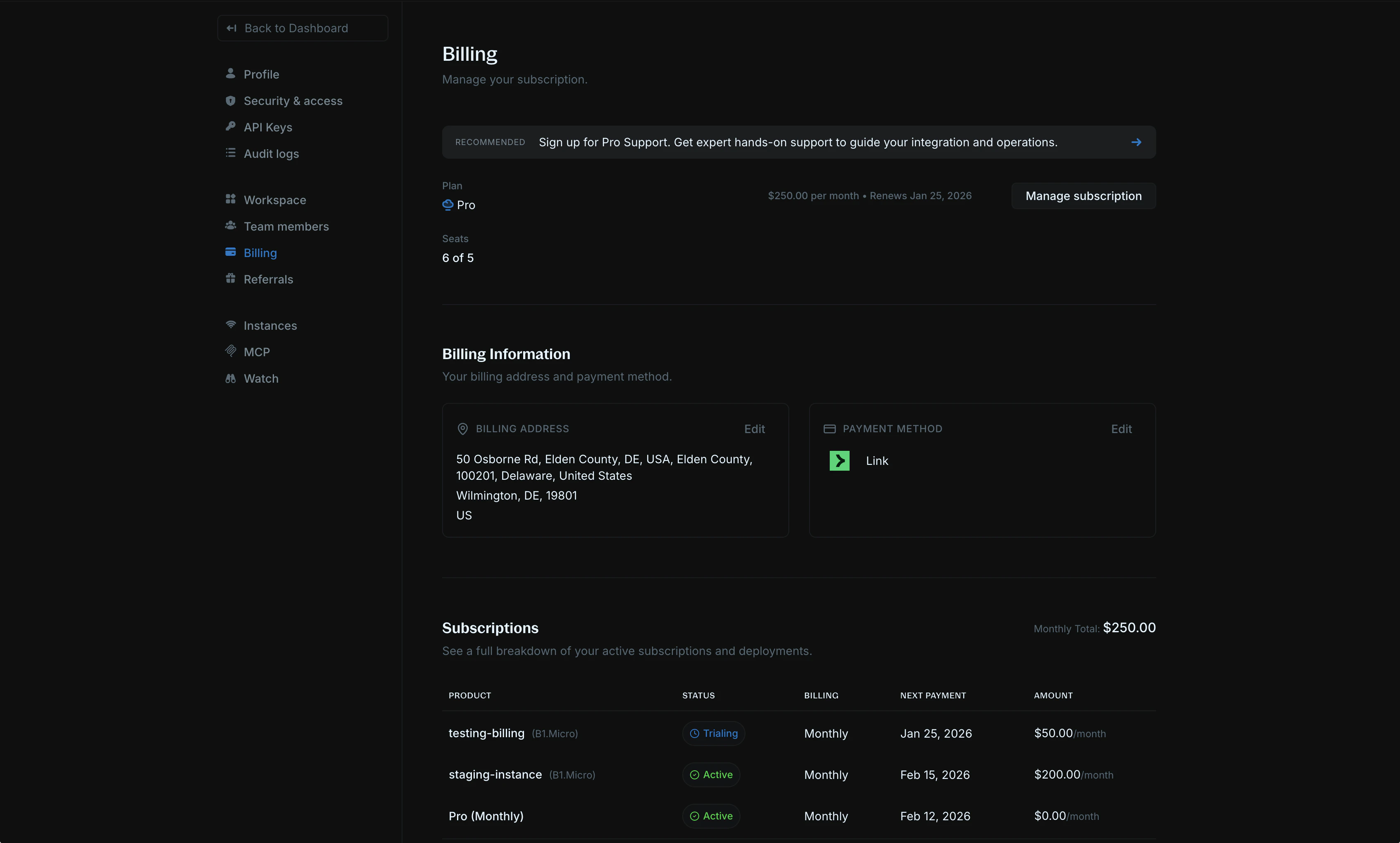 Billing page showing subscription plan details, billing information, and active subscriptions table