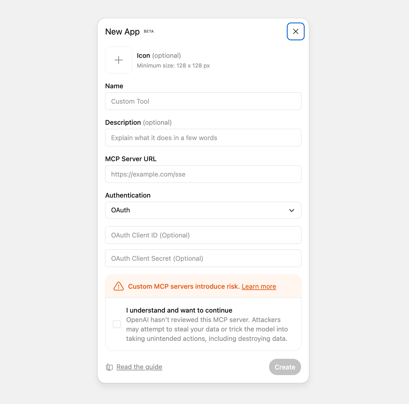 ChatGPT MCP app configuration form showing fields for Name, MCP Server URL, and OAuth authentication settings