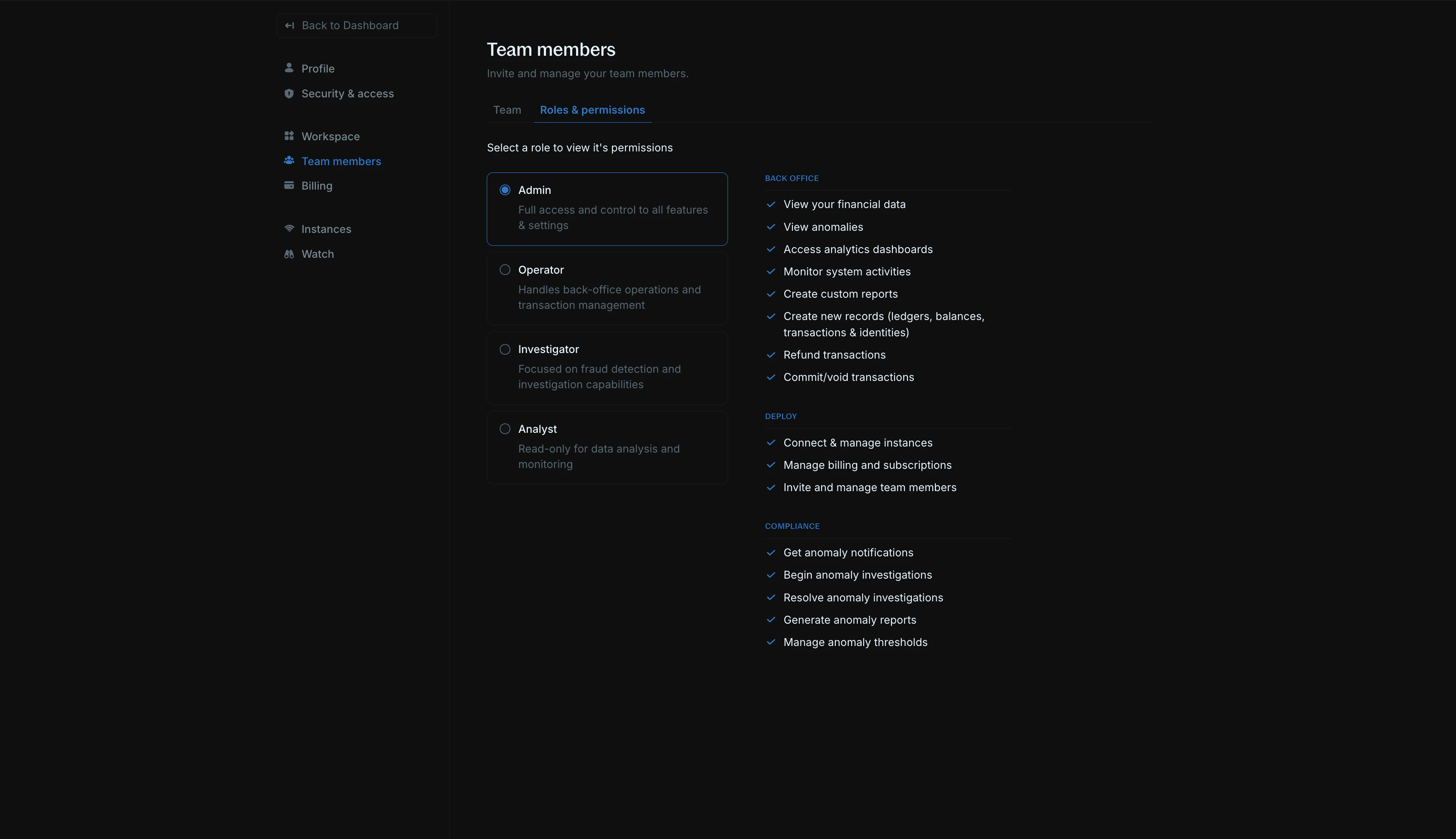 Overview of the 4 preset roles: admins, operators, investigators, and analysts with their permissions