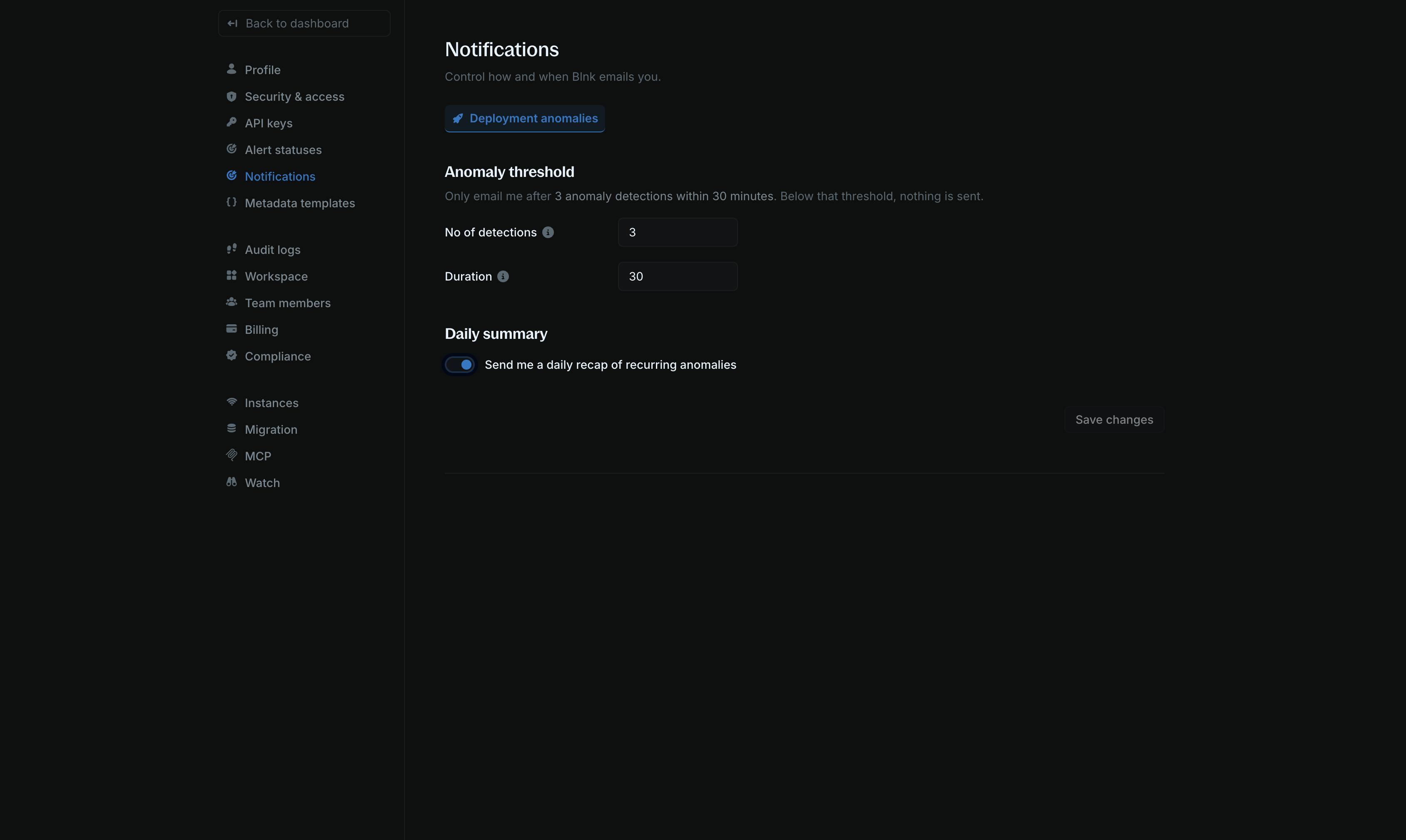 Notification settings for deployment anomalies and daily summary