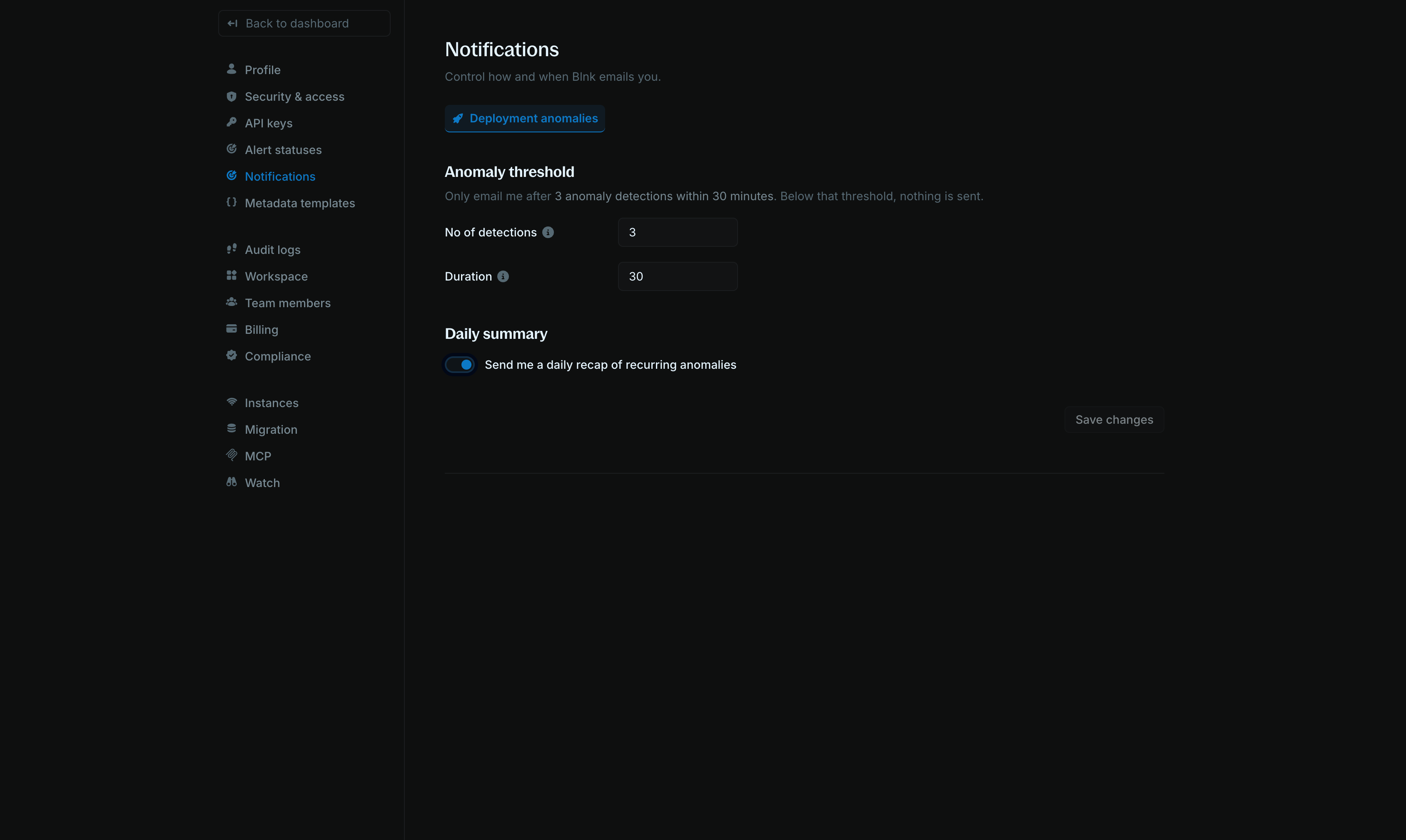 Notification settings for deployment anomalies and daily summary