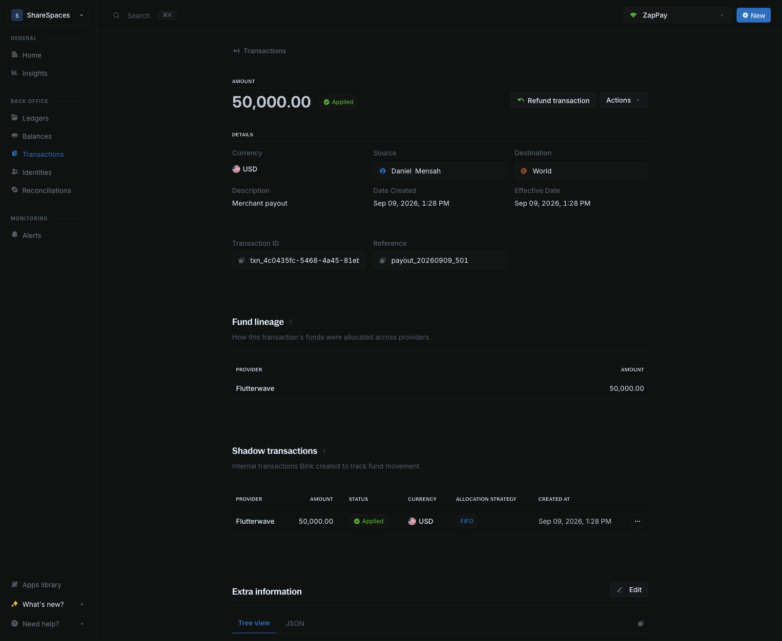Debit transaction with Fund lineage allocation and shadow transactions