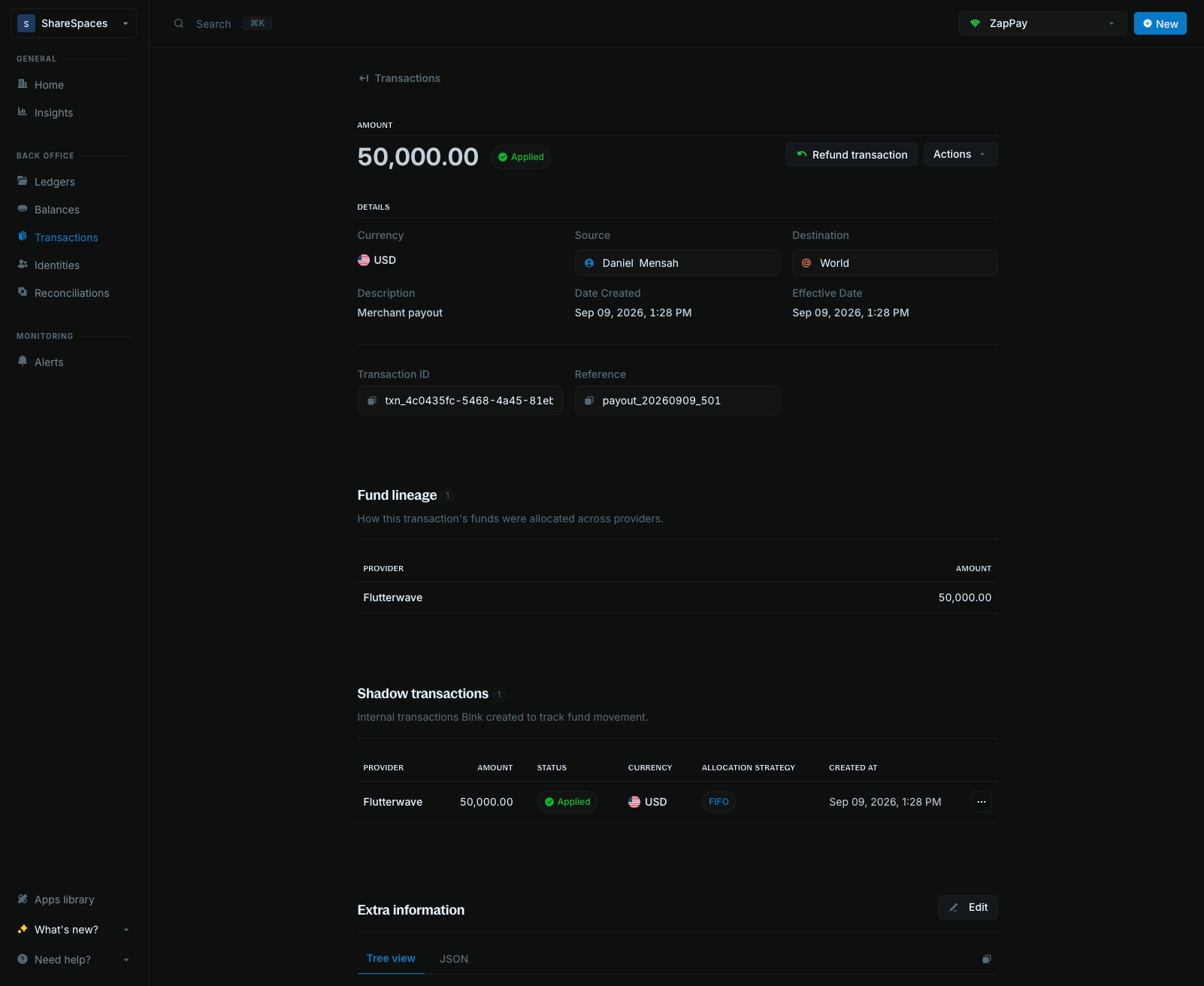 Debit transaction with Fund lineage allocation and shadow transactions
