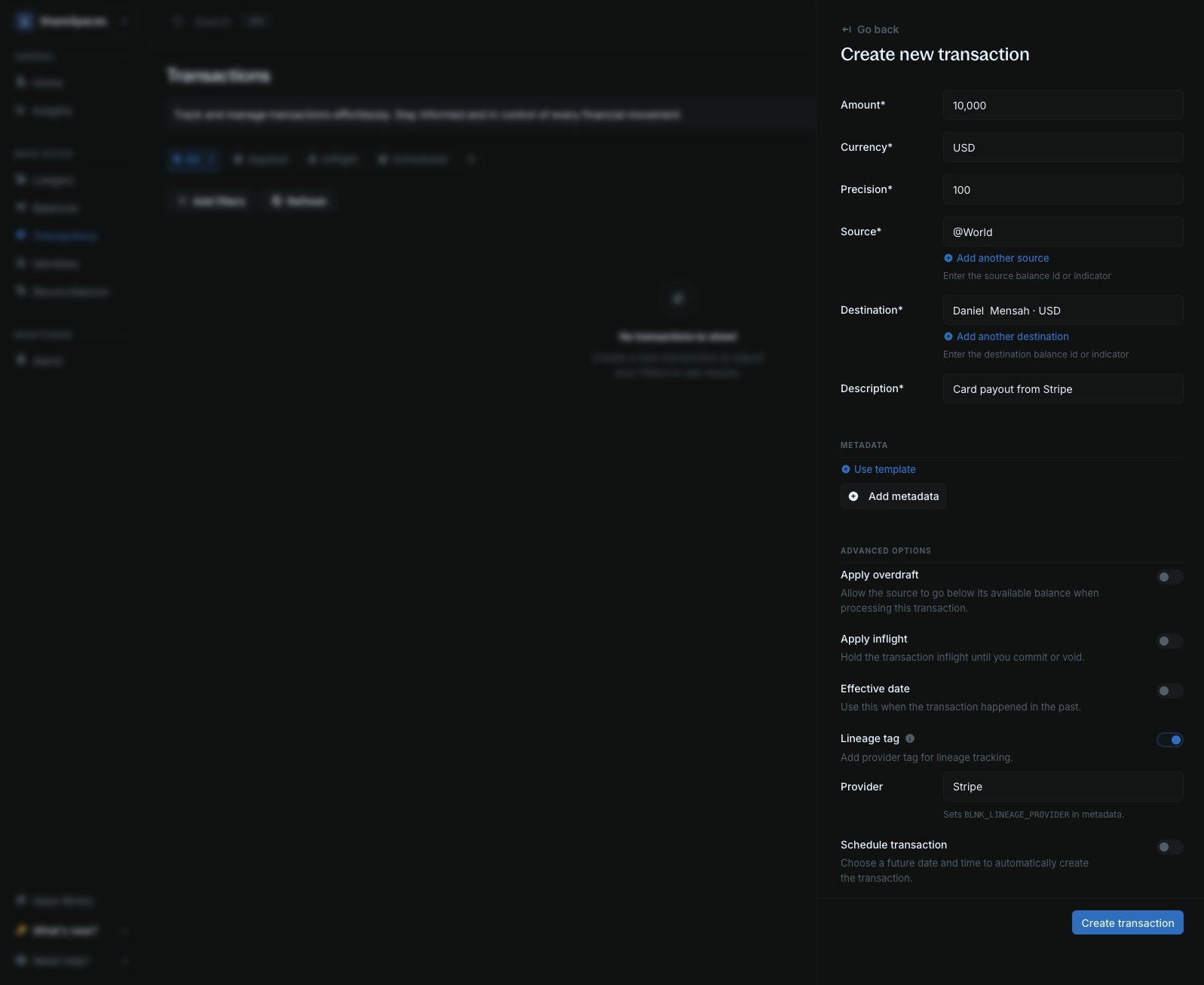 Create transaction form with Lineage tag on and Provider set to Stripe