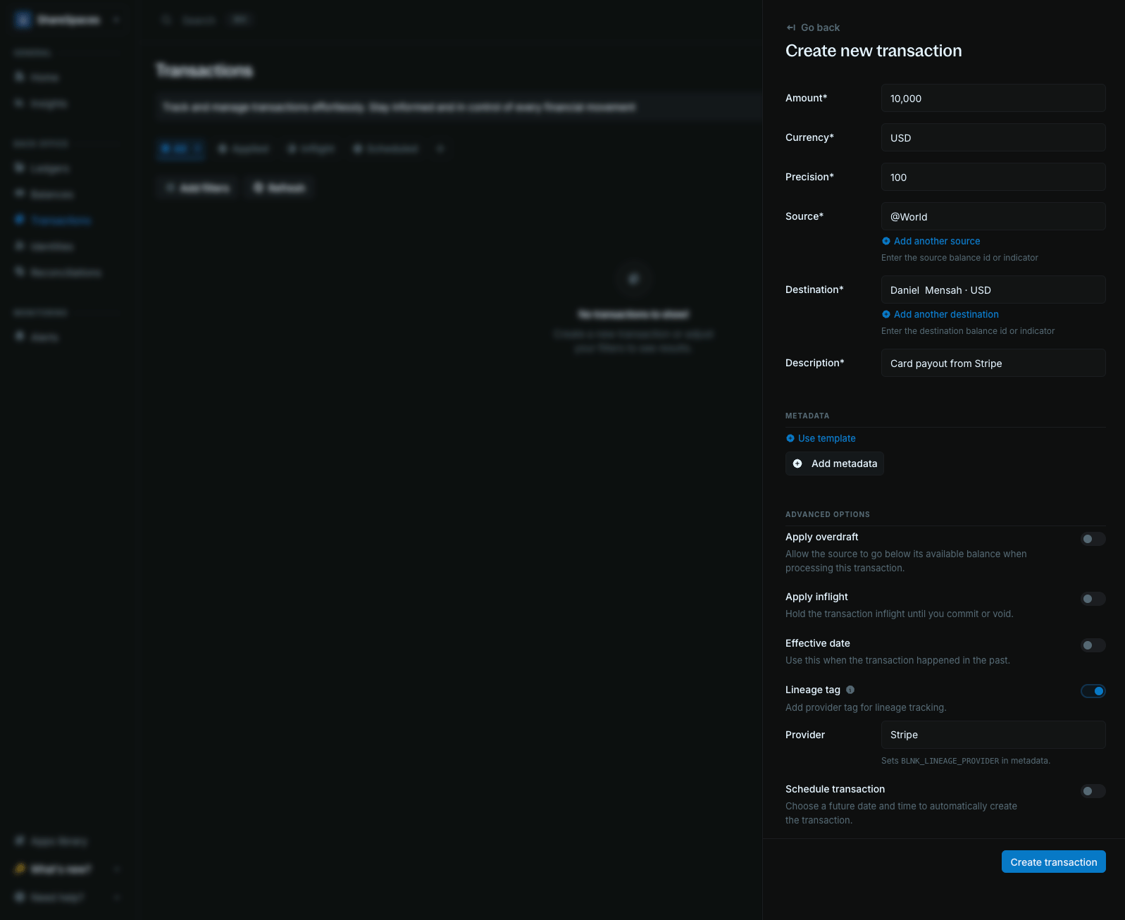 Create transaction form with Lineage tag on and Provider set to Stripe