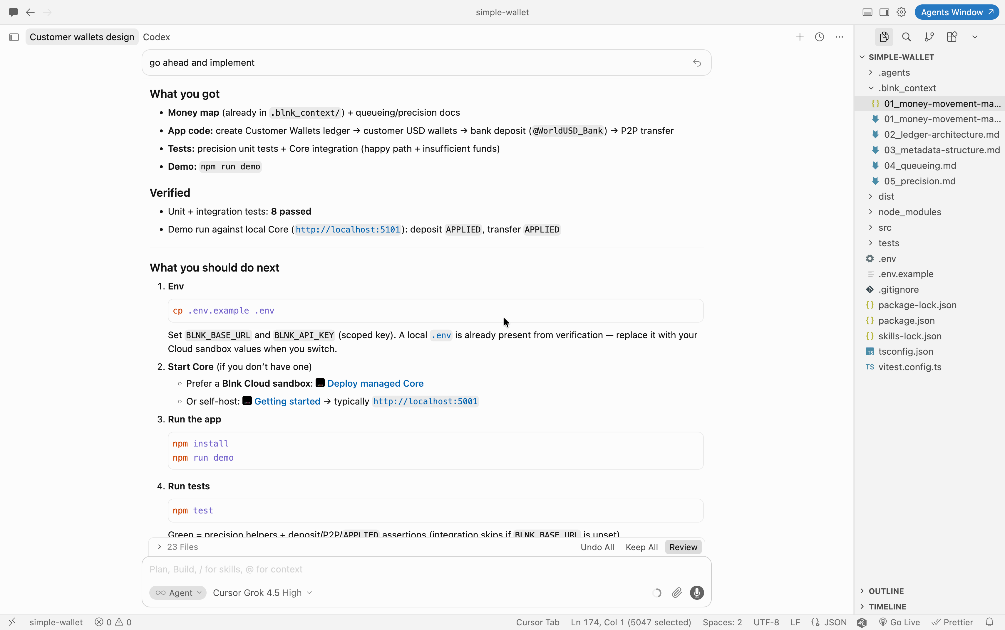Coding agent handoff after implementing the wallet app with map, code, tests, and next steps