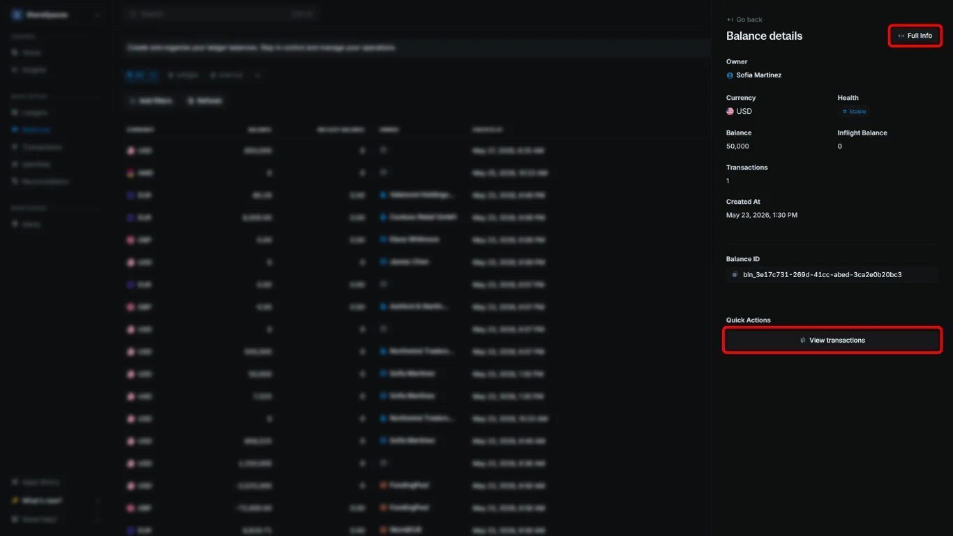 Balance details page showing Full info and Quick Actions with View transactions