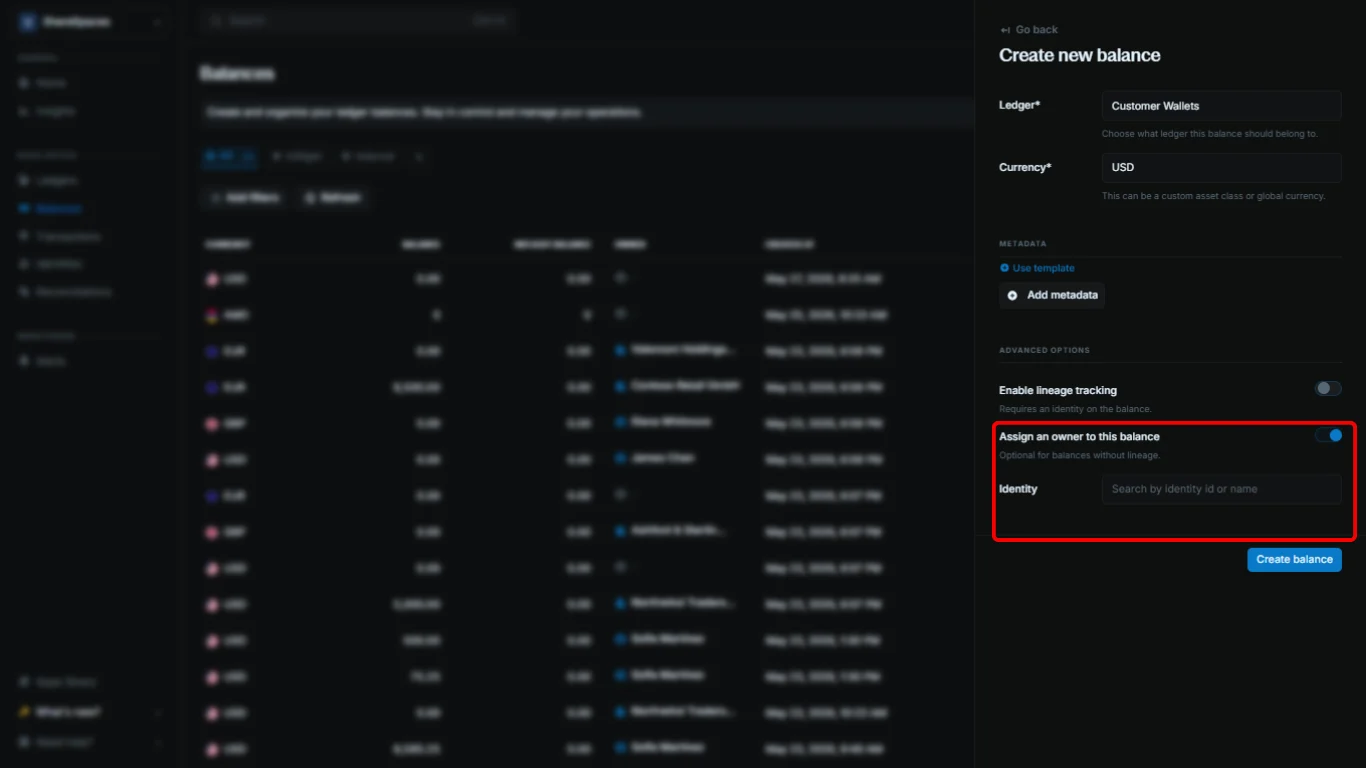 Create balance form with Assign an owner to this balance and Identity selected