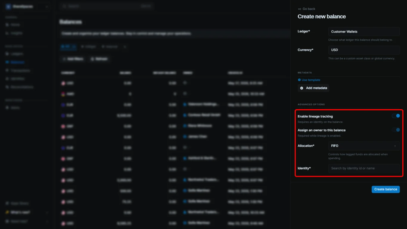 Create balance form with Enable lineage tracking, Allocation, and Assign an owner enabled