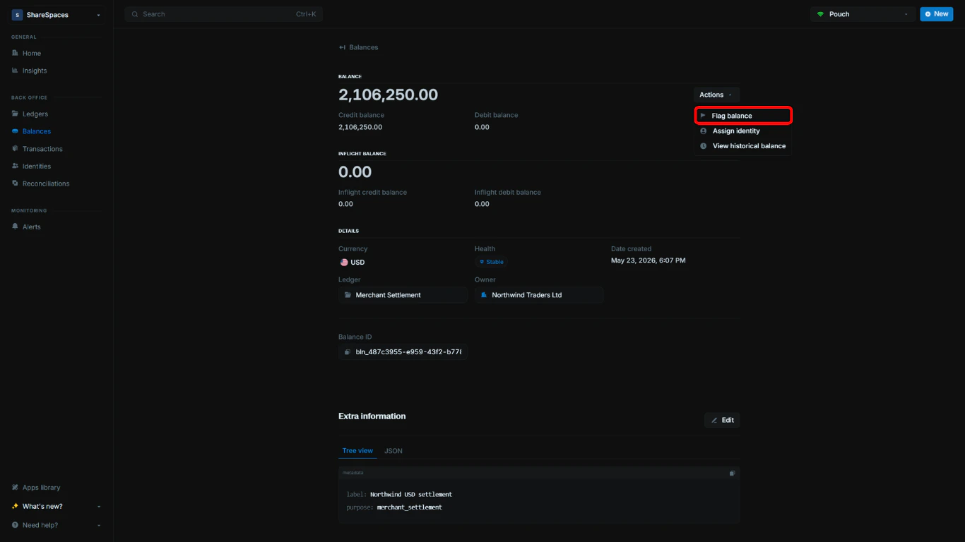 Balance details page with Actions menu showing Flag balance
