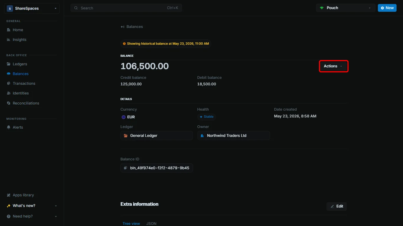 Balance details header with the Actions control for returning to current balance