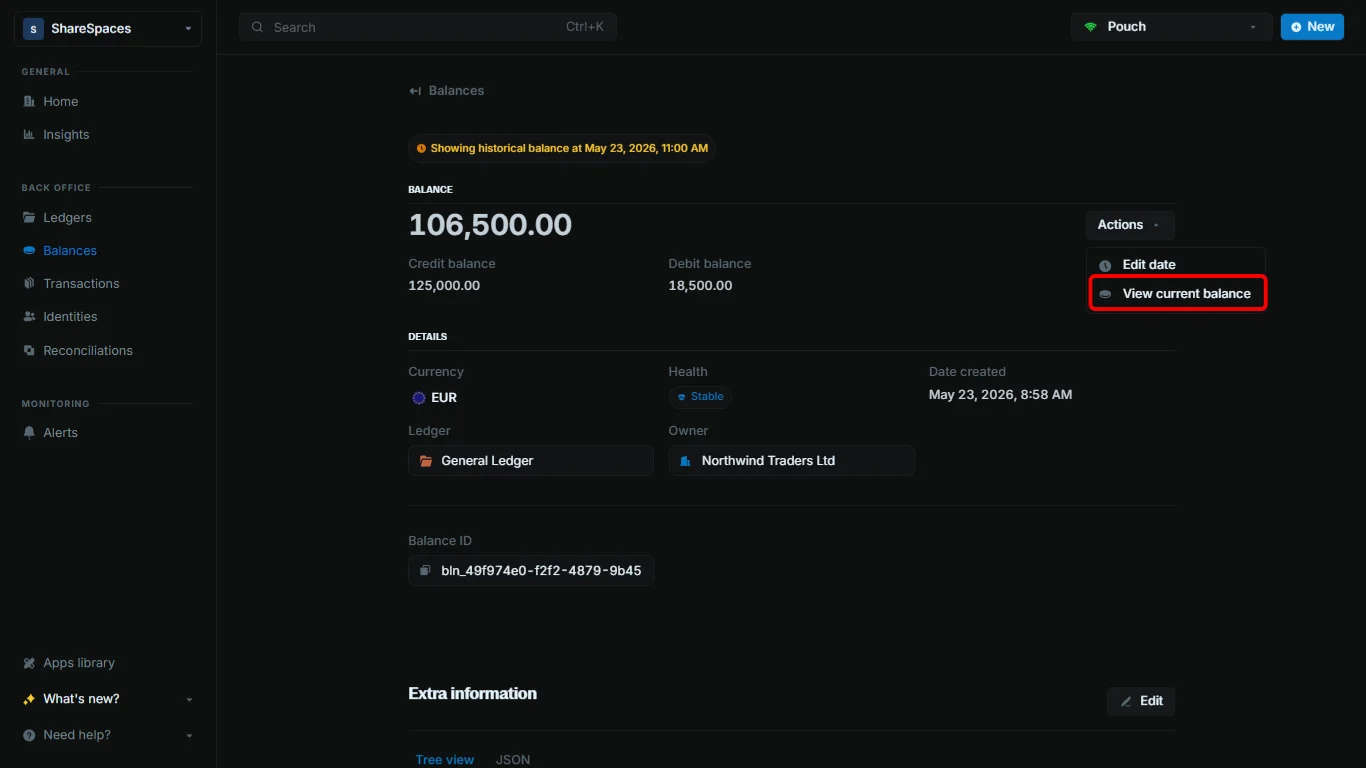 Actions dropdown with View current balance selected while viewing a historical balance