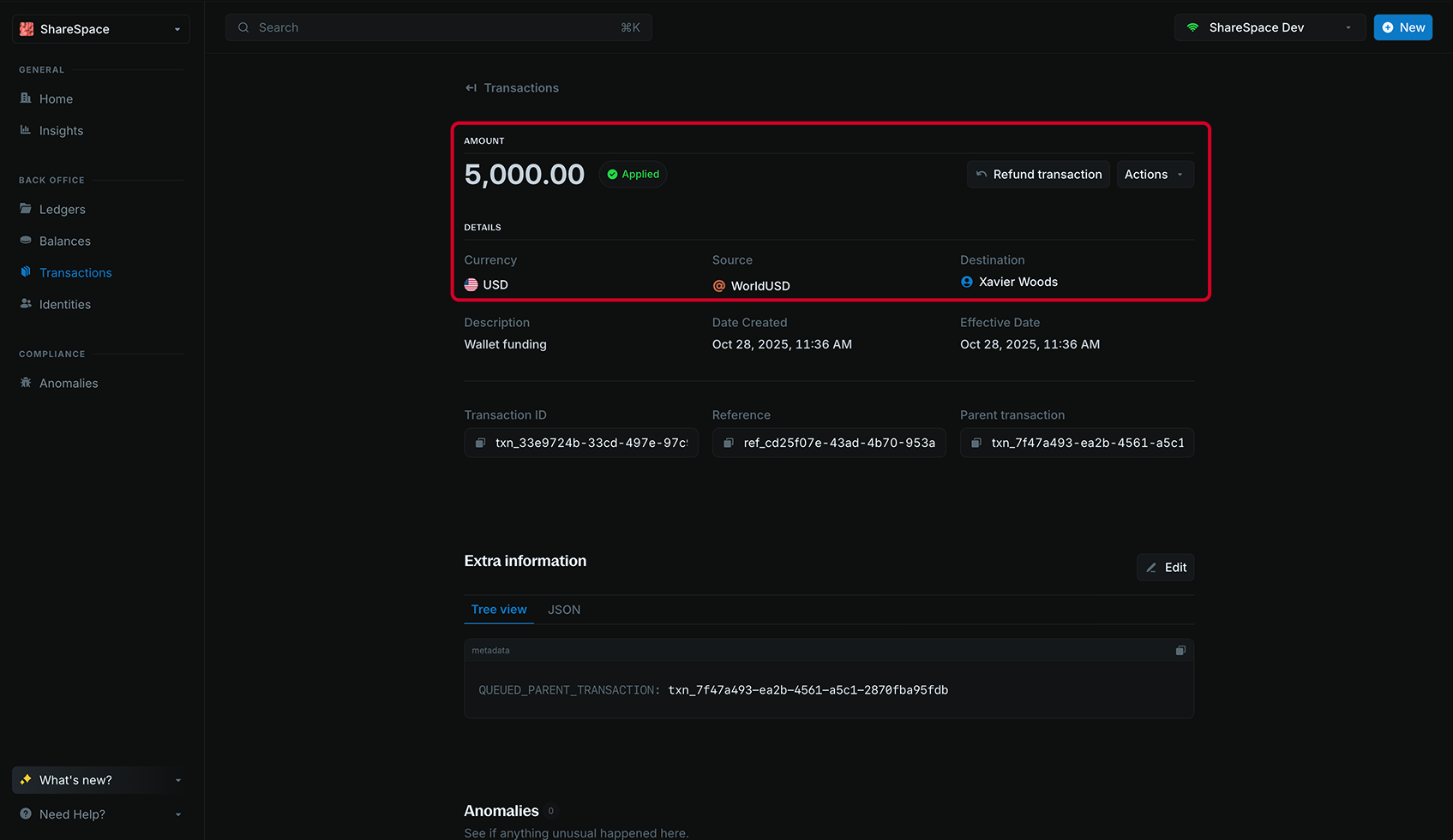 Create a transaction to add funds to the customer's wallet