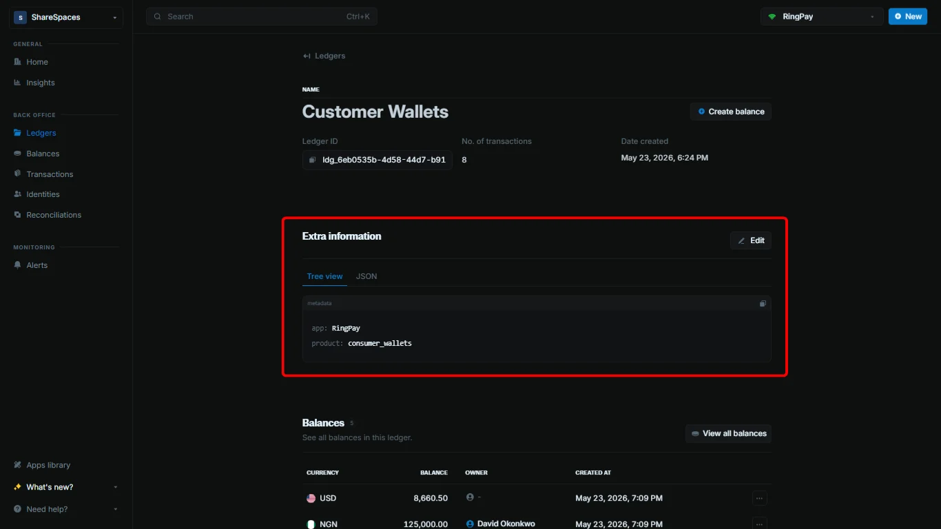 Extra information section on the ledger details page