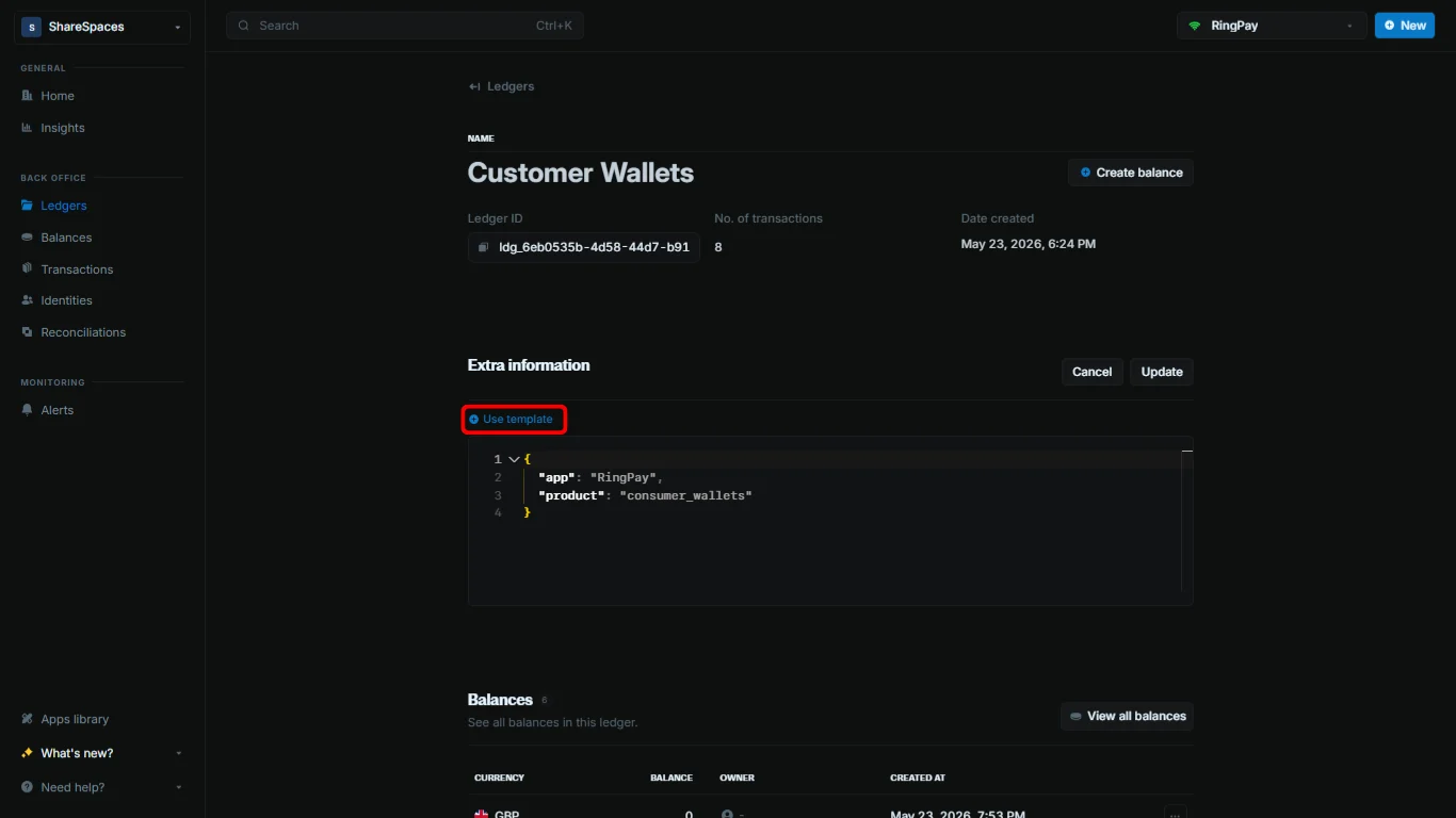 Metadata editor with Use template and Add metadata