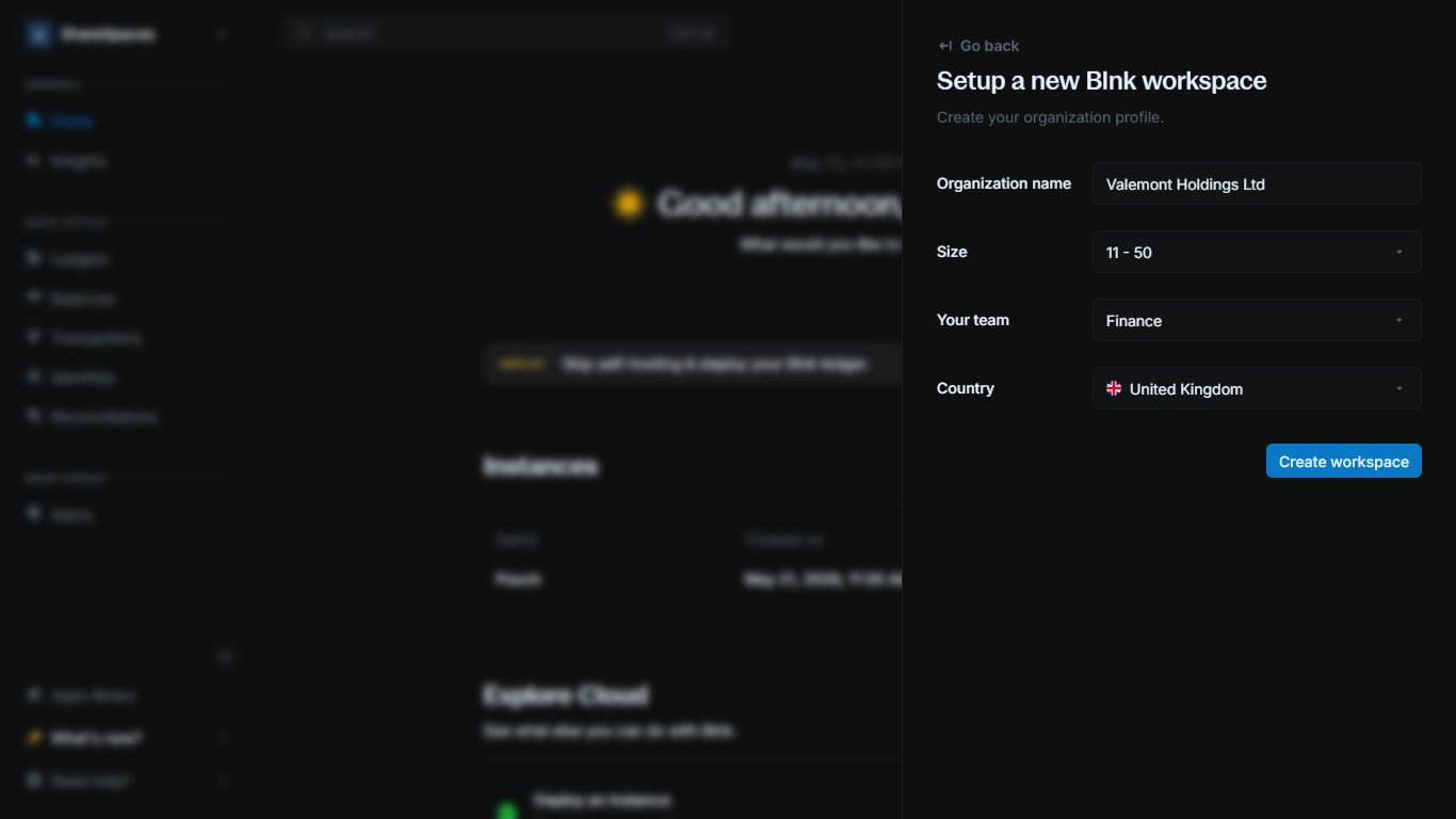 Add workspace form with organization name, size, and country fields