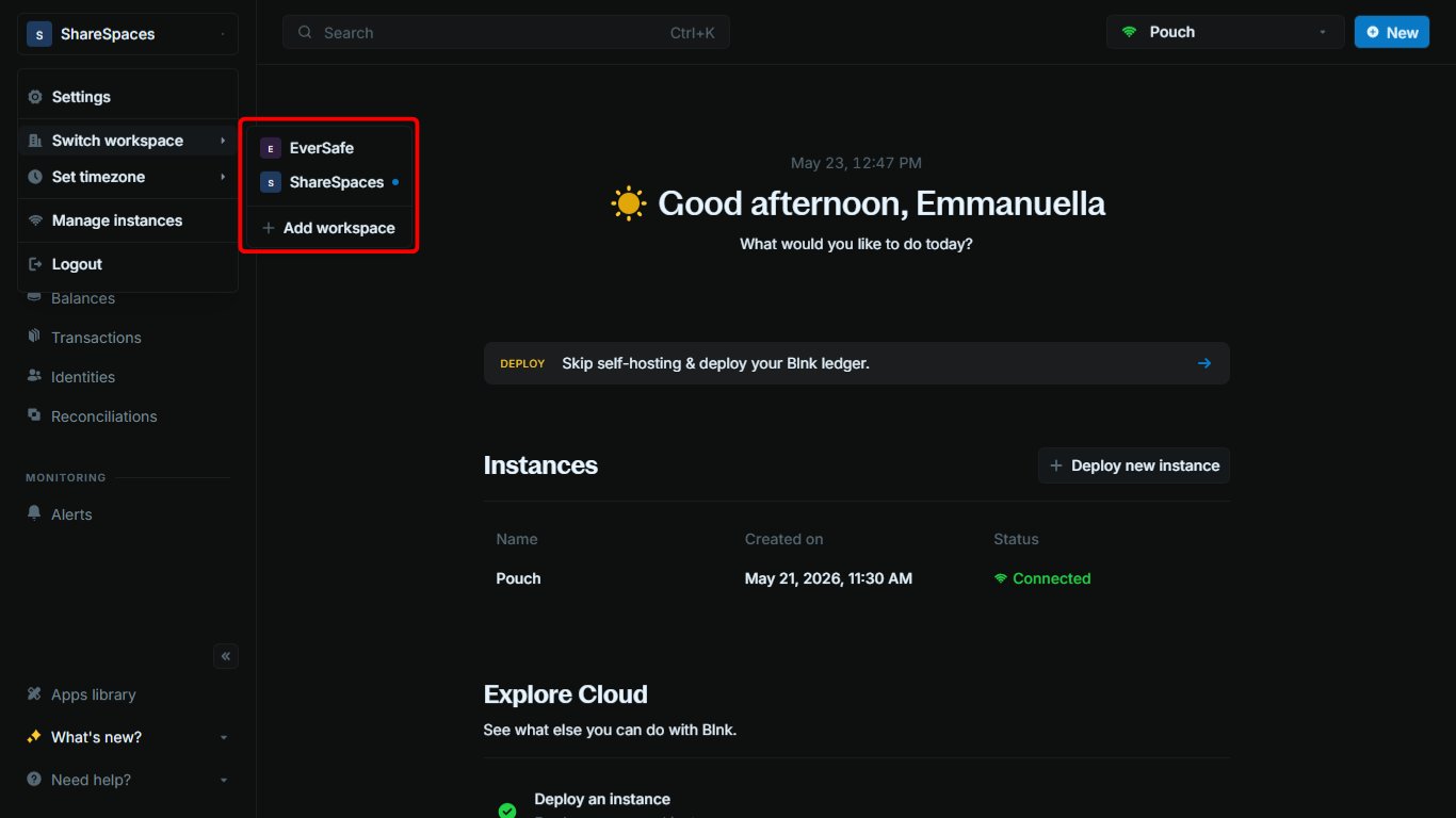 Switch workspace list showing available workspaces with the current one highlighted