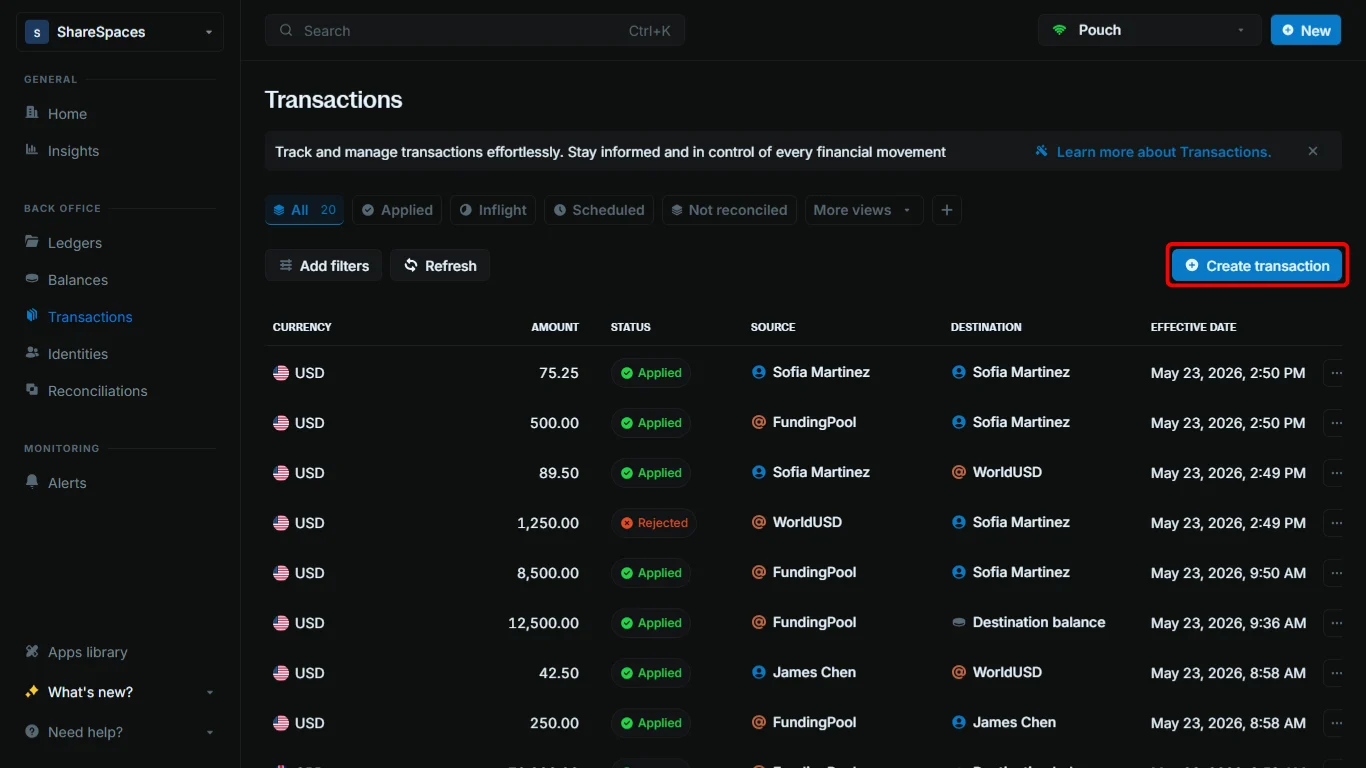 Transactions table with Create new transaction panel open