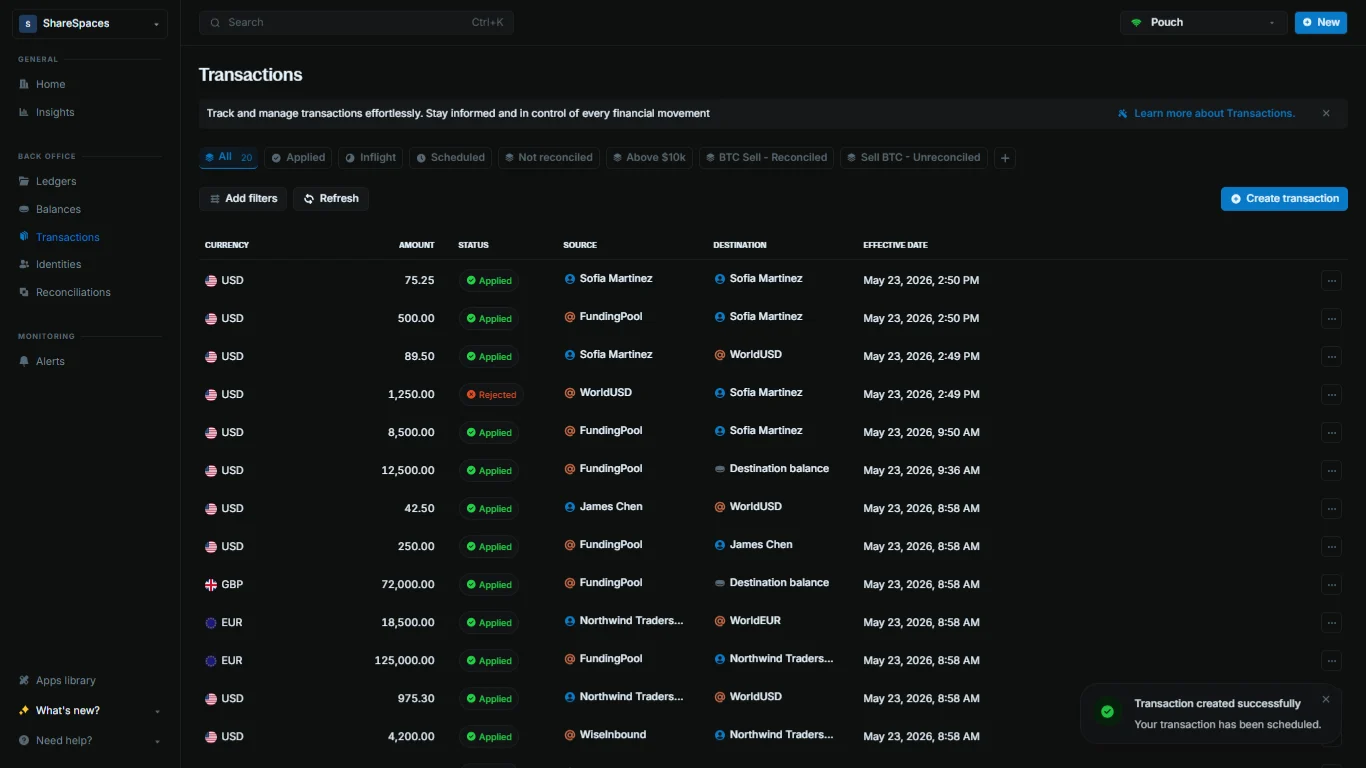 Transactions table showing a newly created transaction