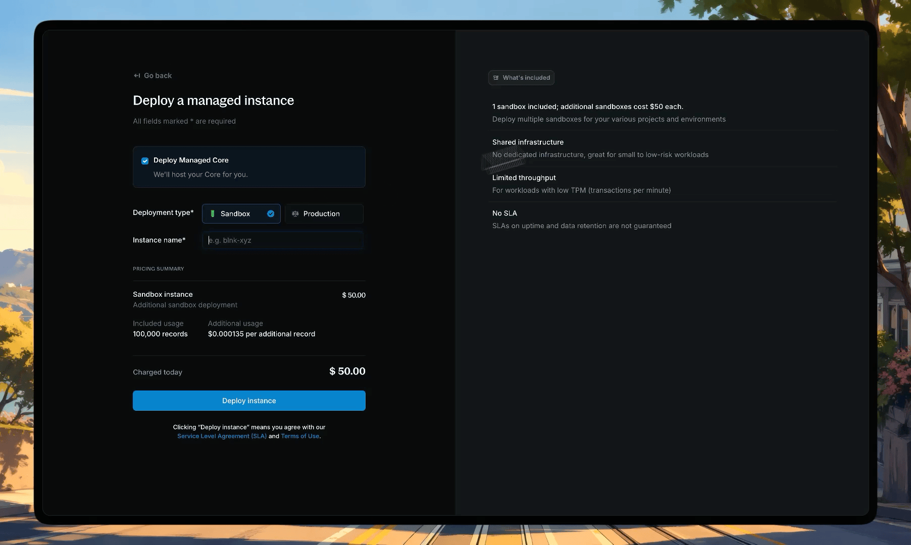 Instance creation form showing the Production deployment type, region selection, and pricing summary