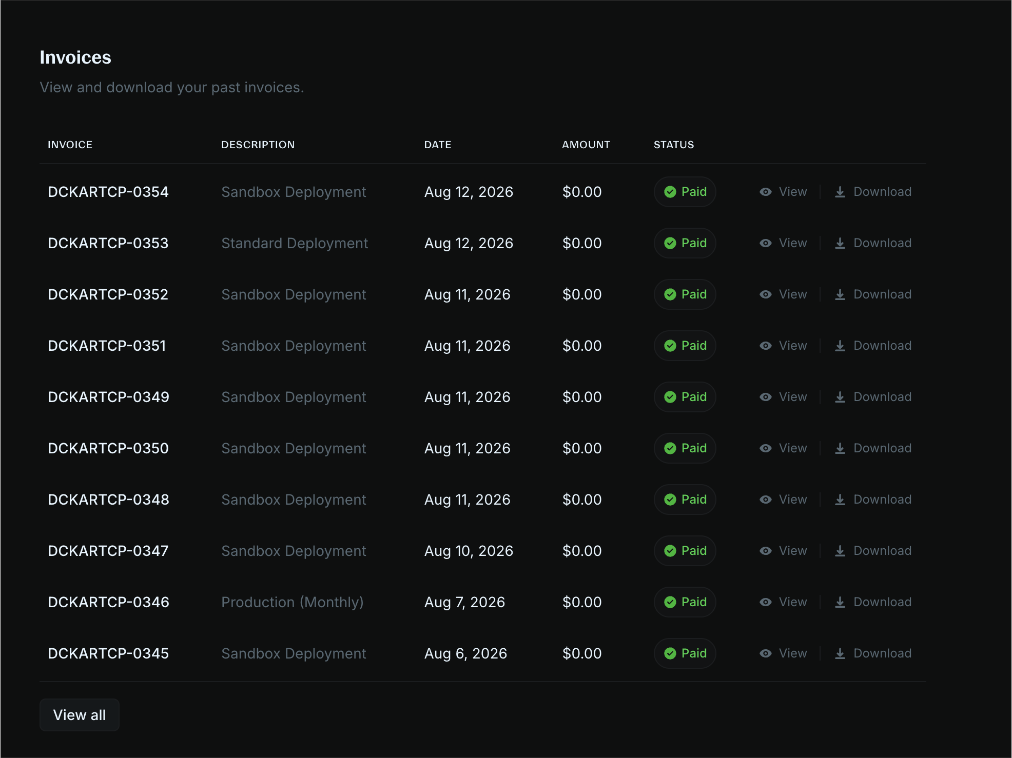 Billing page invoices table showing invoice number, description, date, amount, and payment status