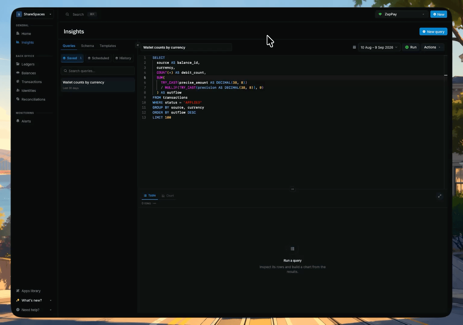 Open Actions, choose Schedule query, pick a preset and timezone, then save the schedule
