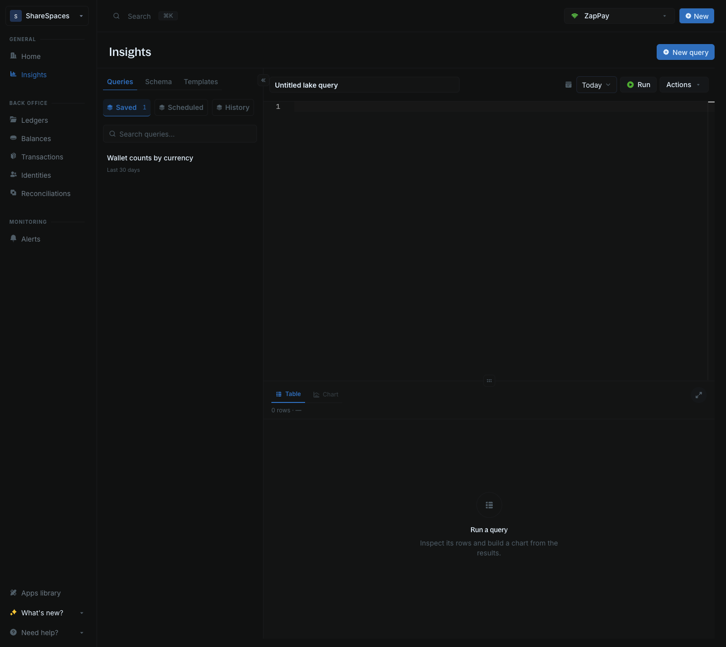 Insights workbench after New query, with Untitled lake query and the Queries tab open