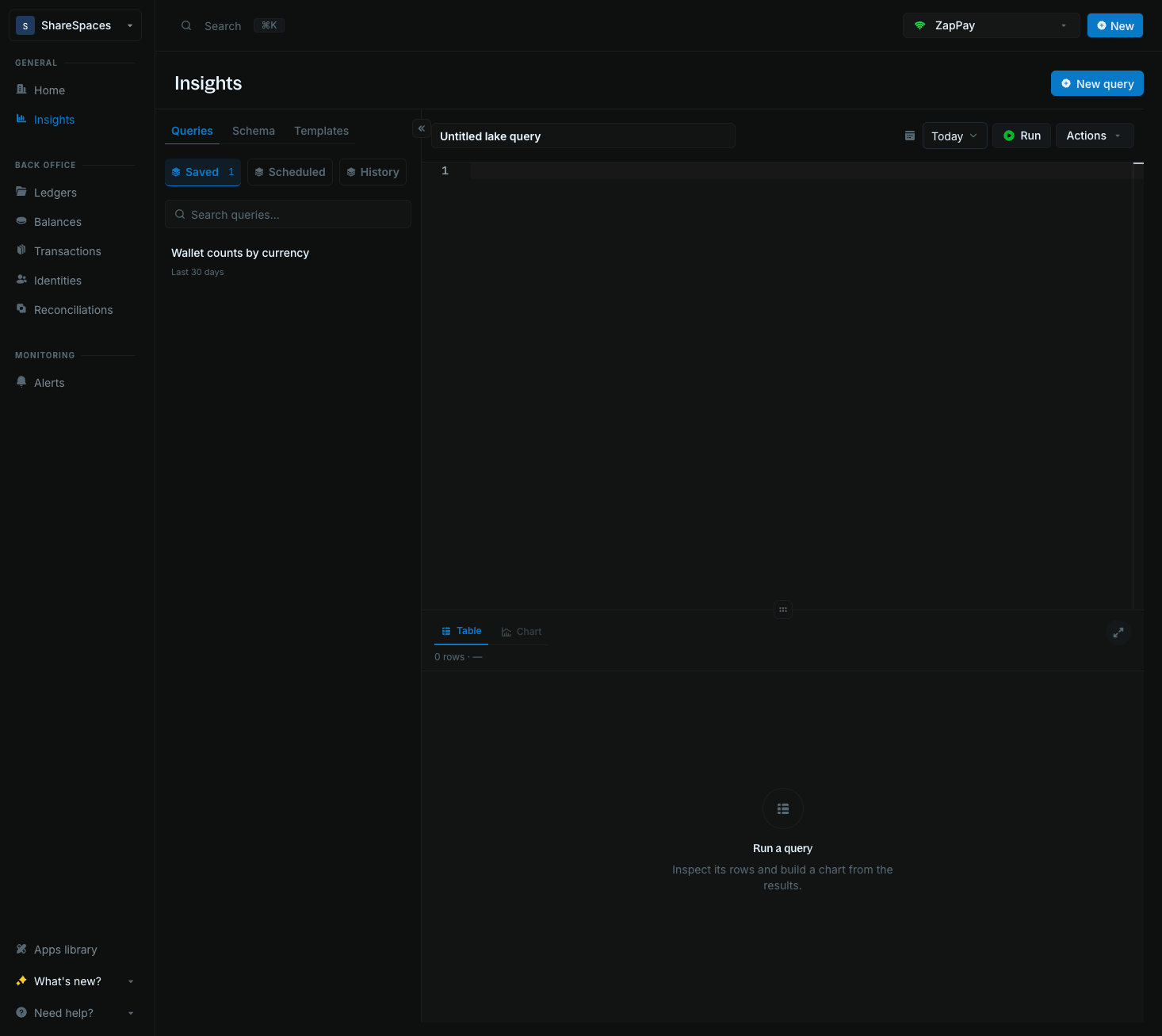 Insights workbench after New query, with Untitled lake query and the Queries tab open