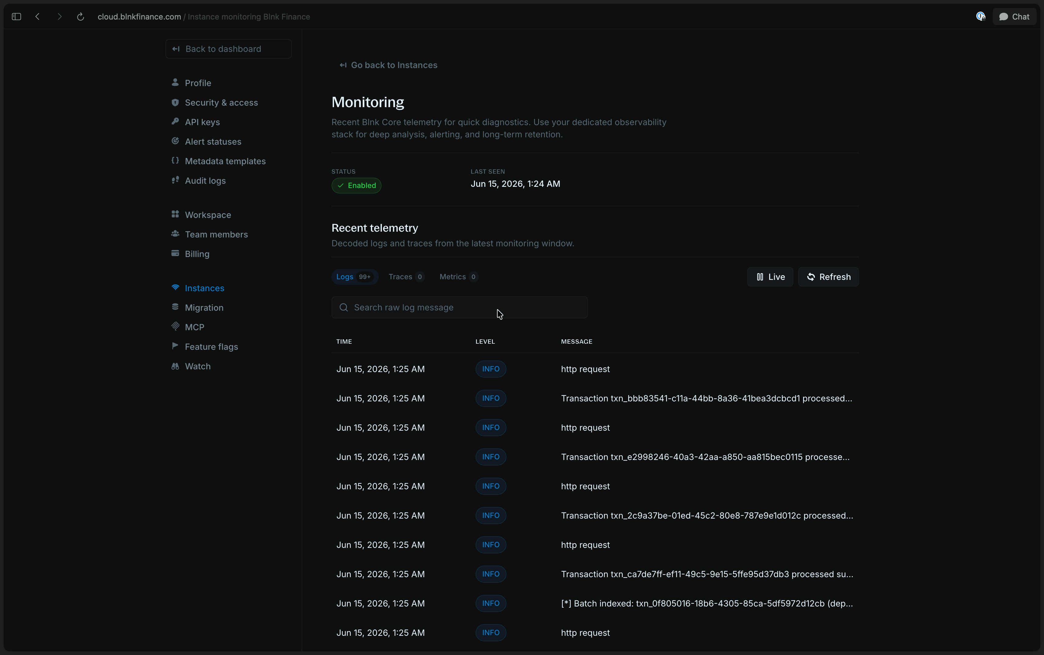 Blnk Cloud monitoring workspace showing log lines from the server and worker