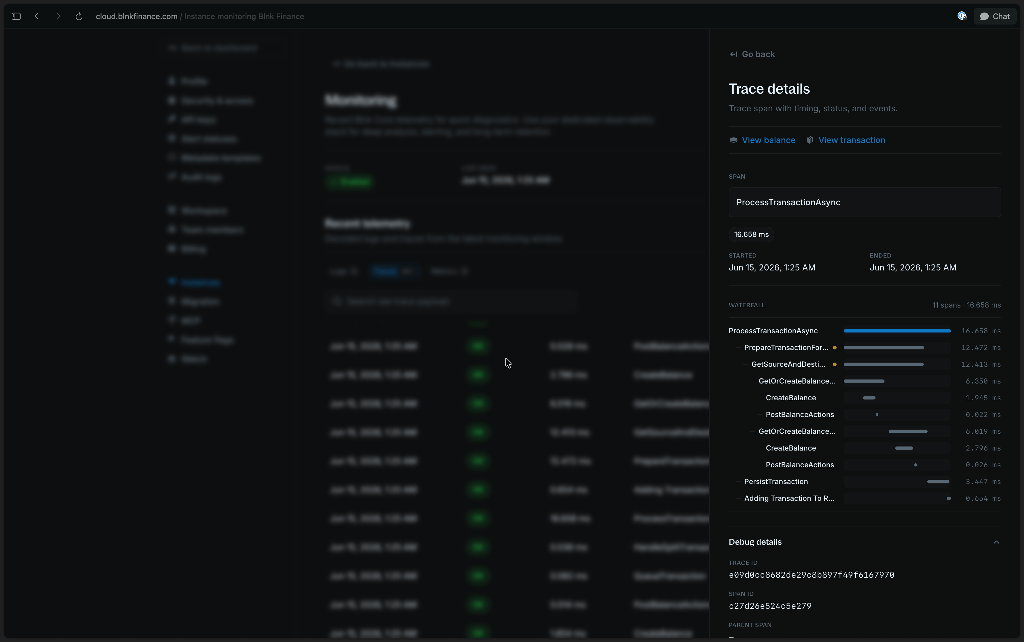 Blnk Cloud monitoring workspace showing a distributed trace timeline