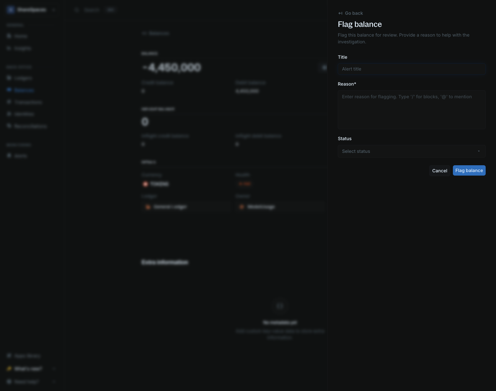 Flag balance form with title, note editor, and status