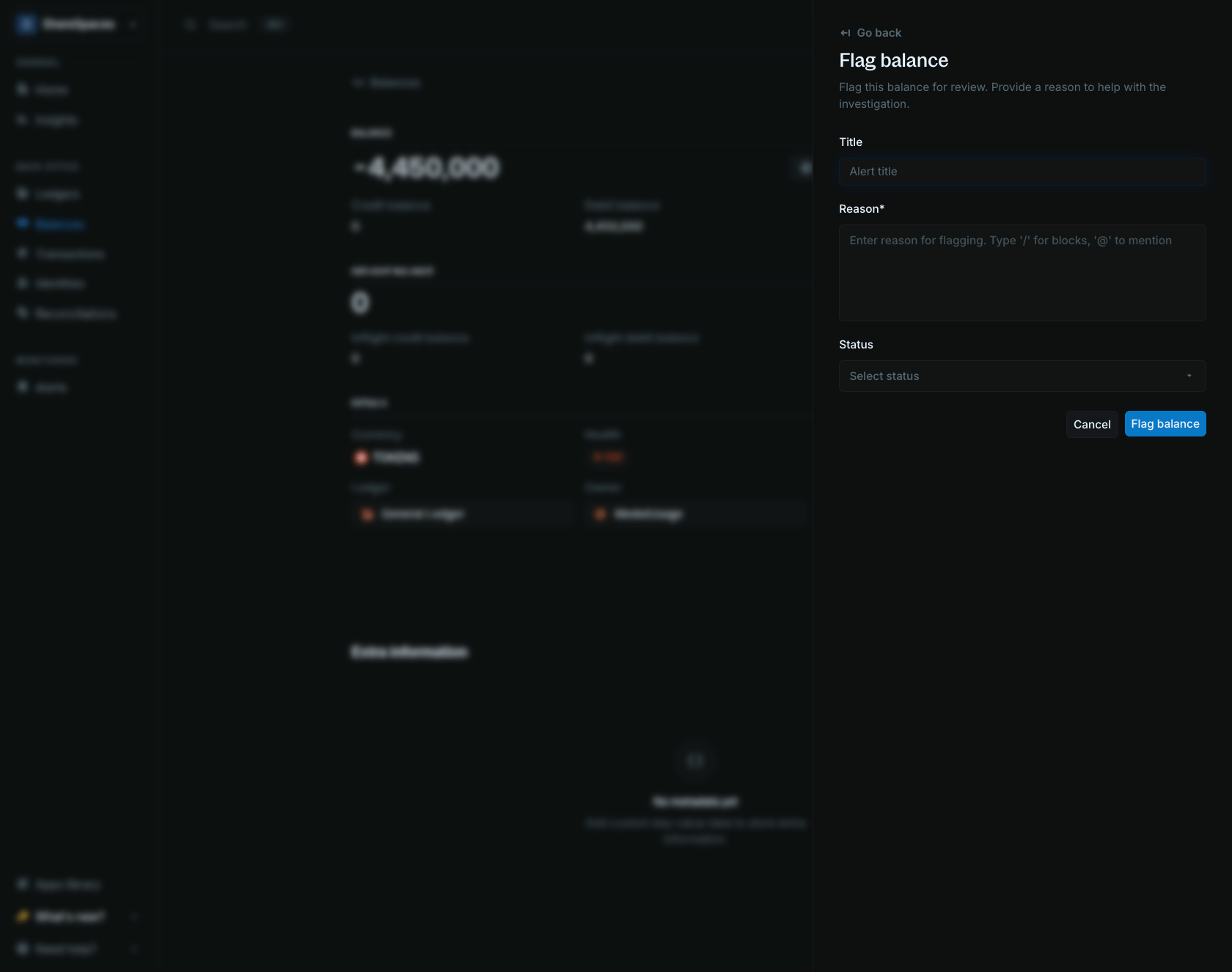 Flag balance form with title, note editor, and status