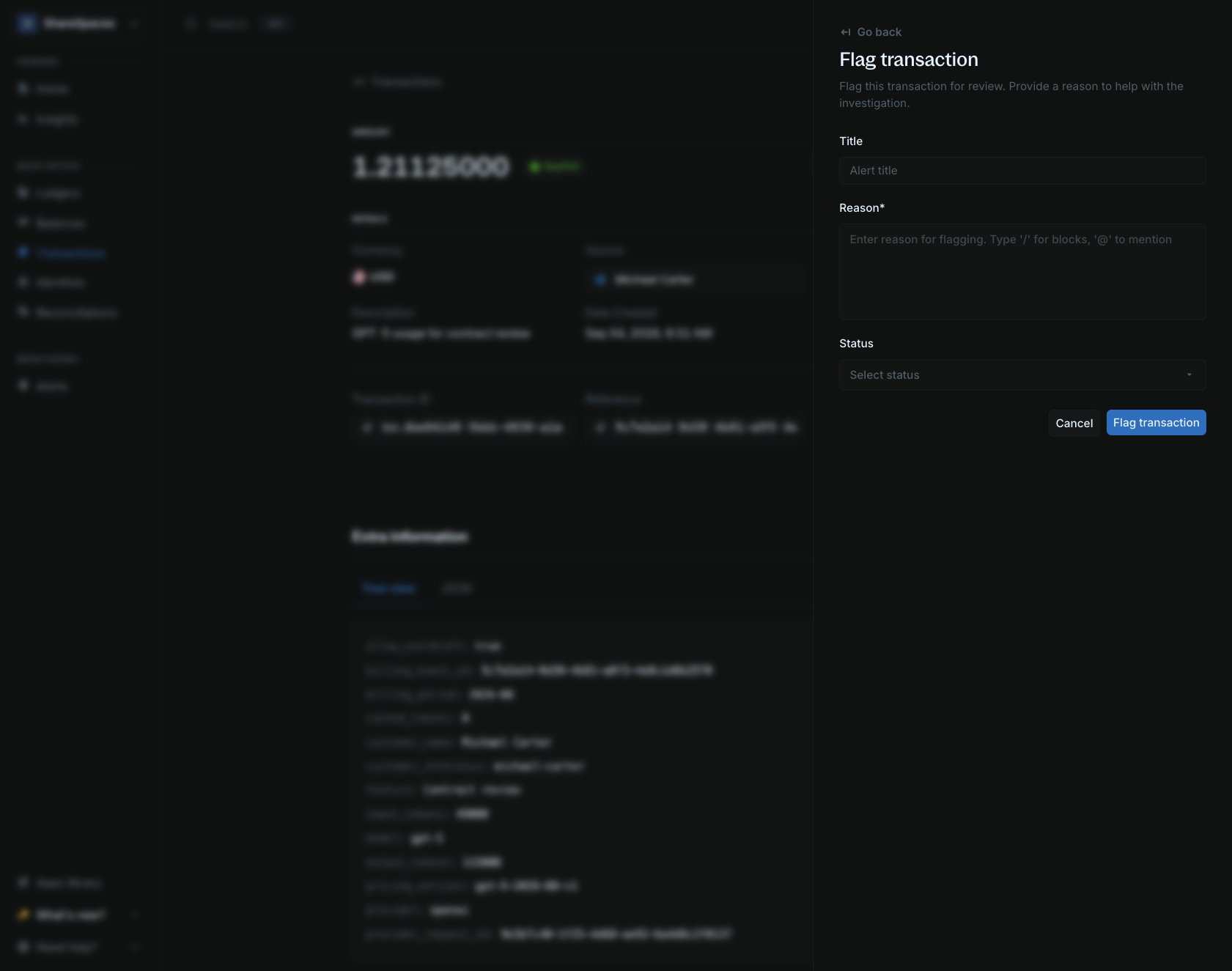 Flag transaction form with title, note editor, and status