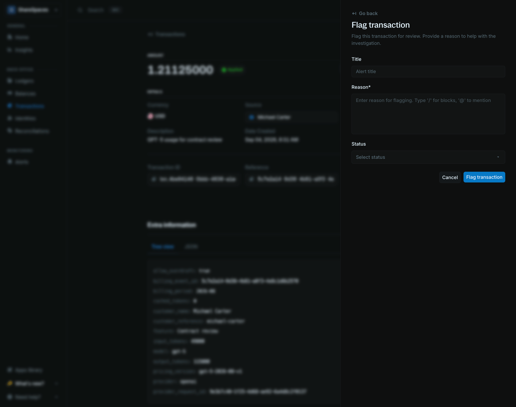 Flag transaction form with title, note editor, and status