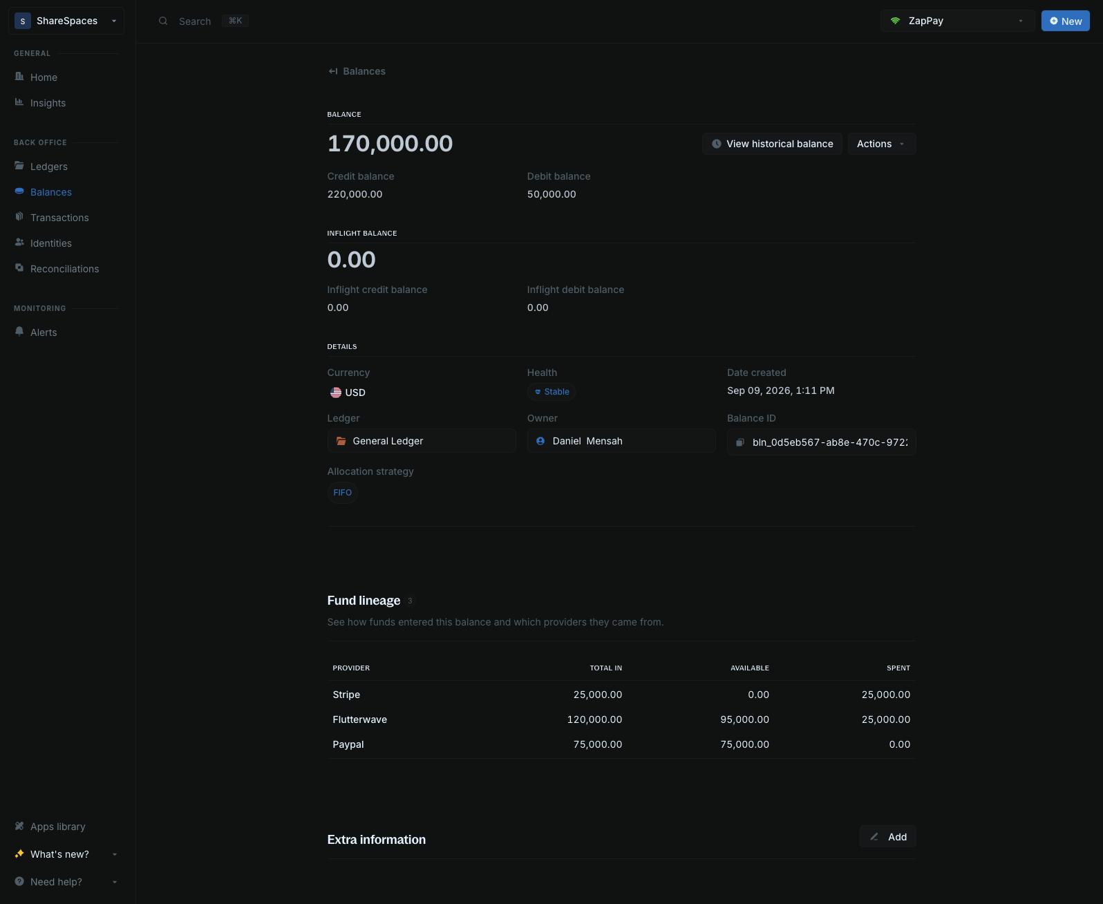 Balance details Fund lineage table with provider, total in, available, and spent