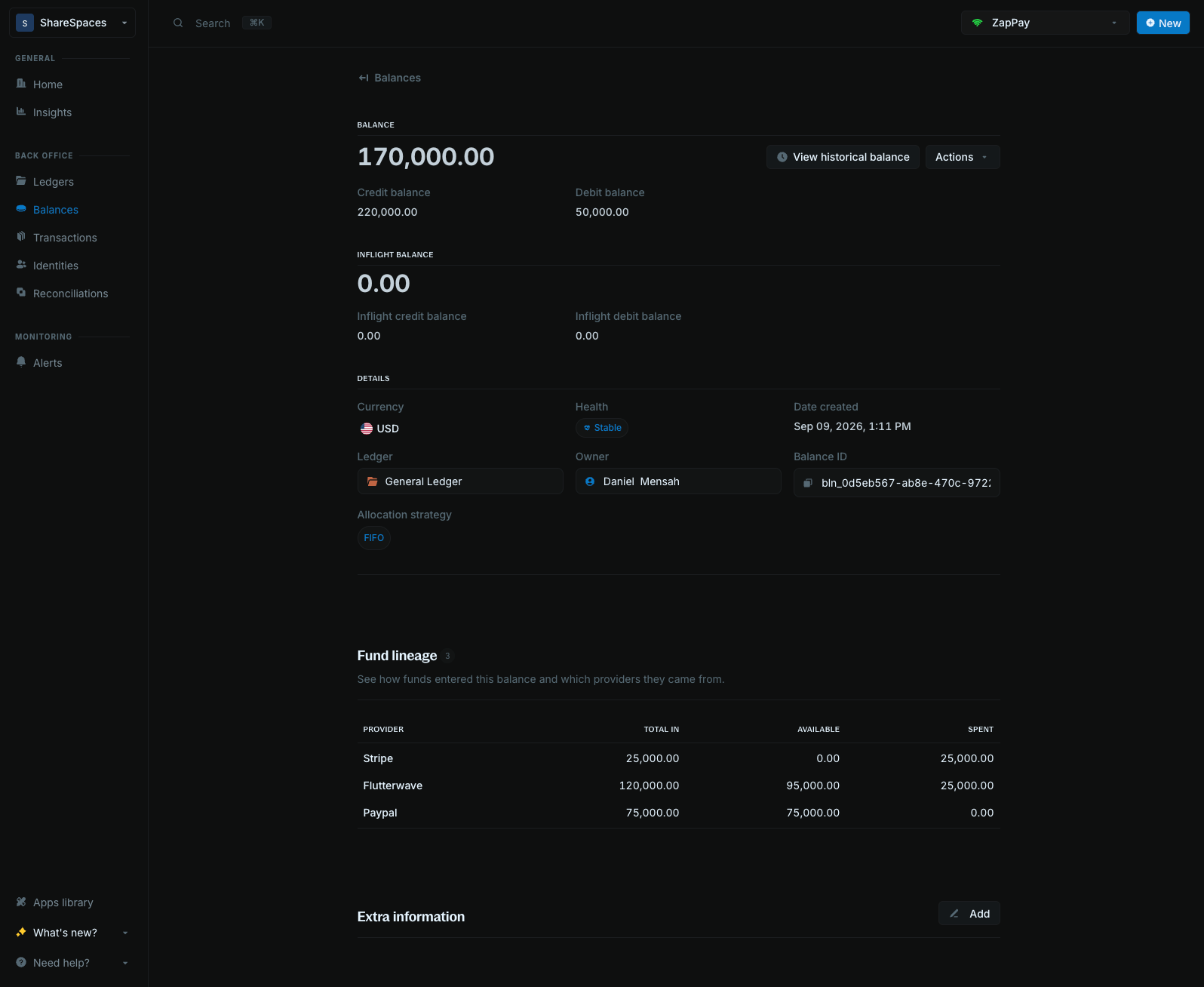 Balance details Fund lineage table with provider, total in, available, and spent