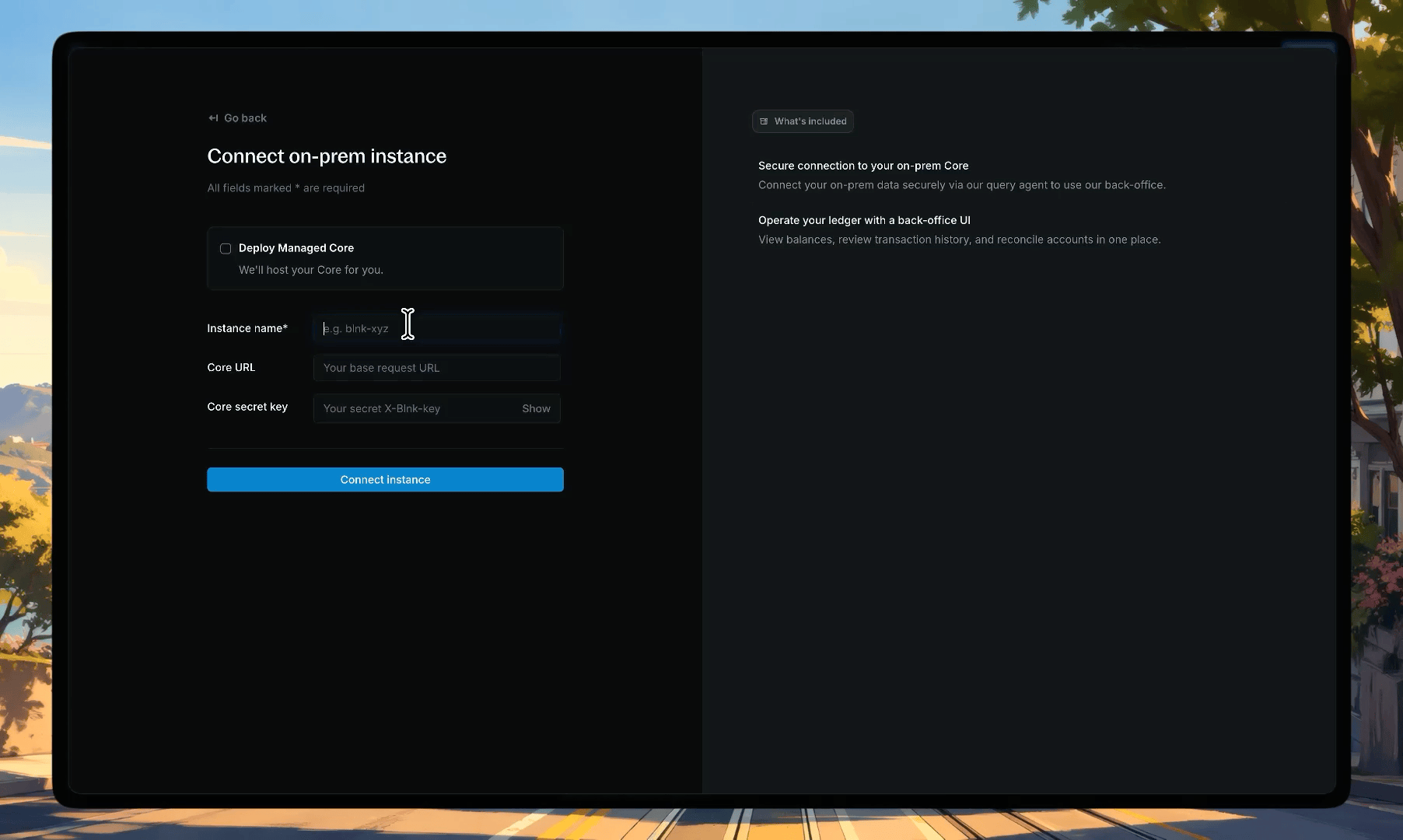Instance creation form with instance name, Core URL, and secret key fields