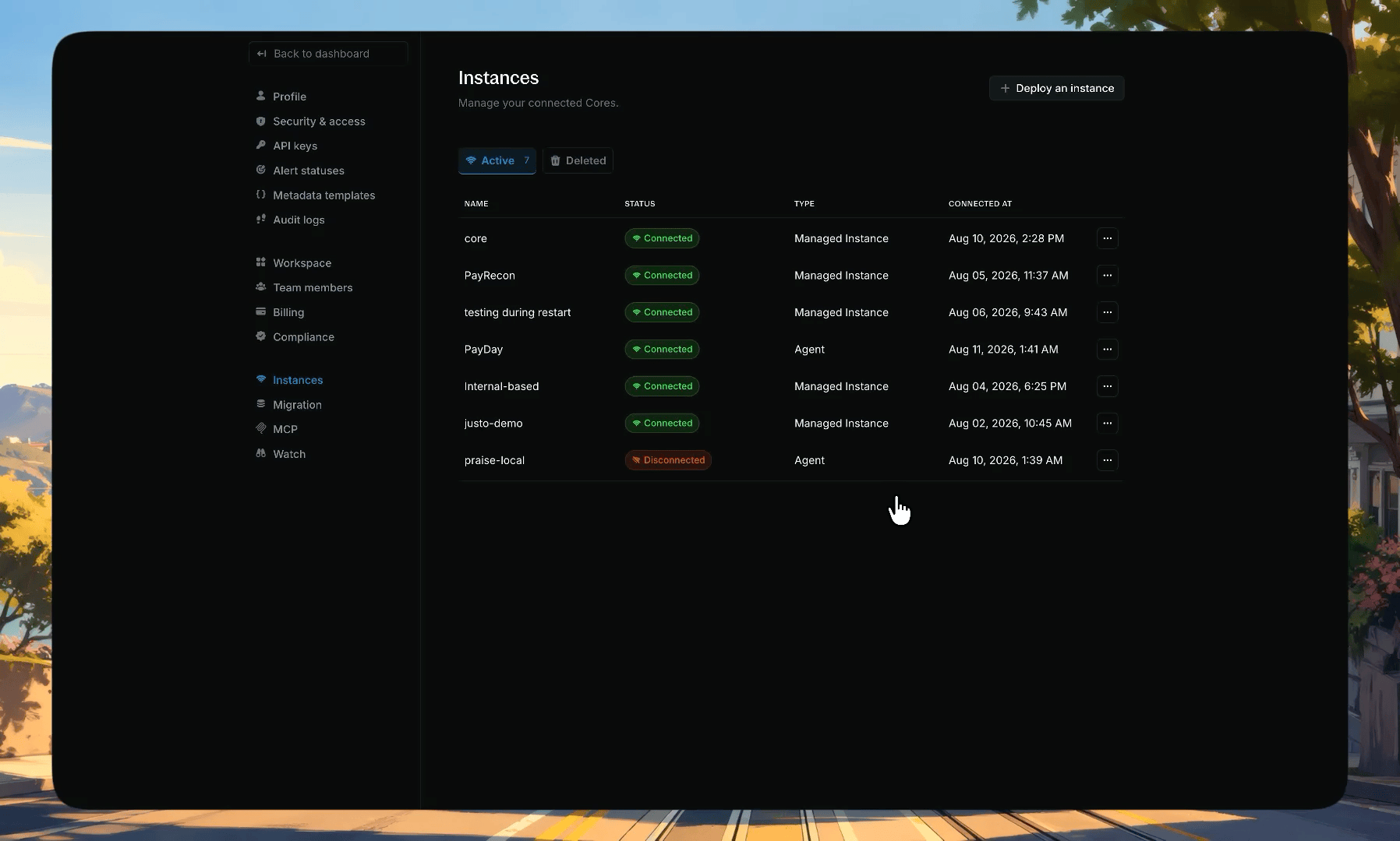 Destroying a managed instance from the actions menu with the confirmation modal