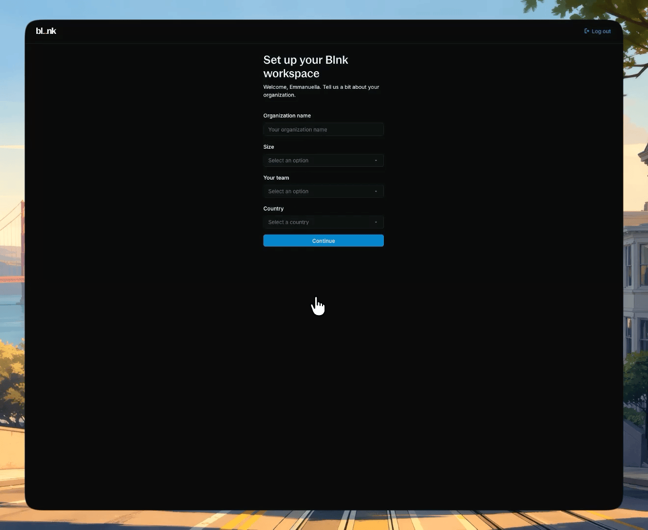Setting up a Blnk Cloud workspace with organization details
