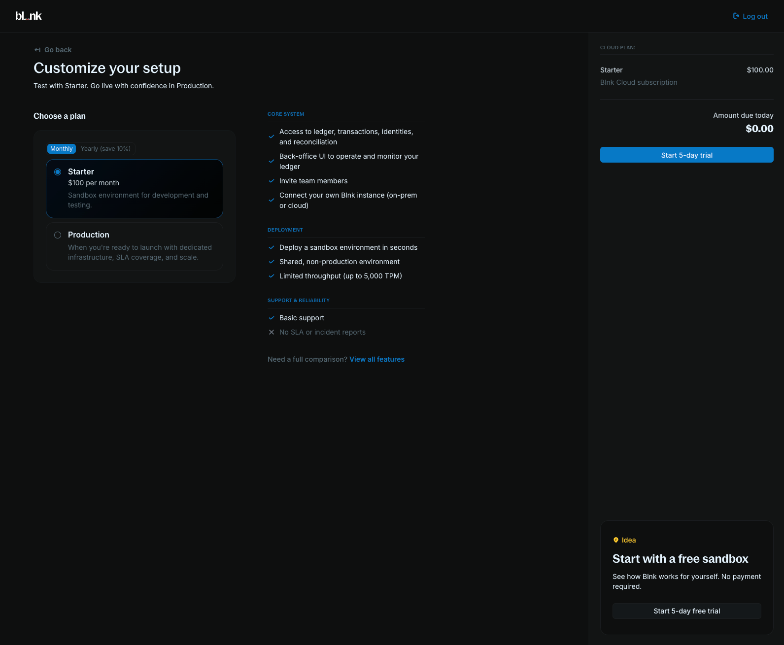 Comparison of Blnk Cloud plans: Starter and Production