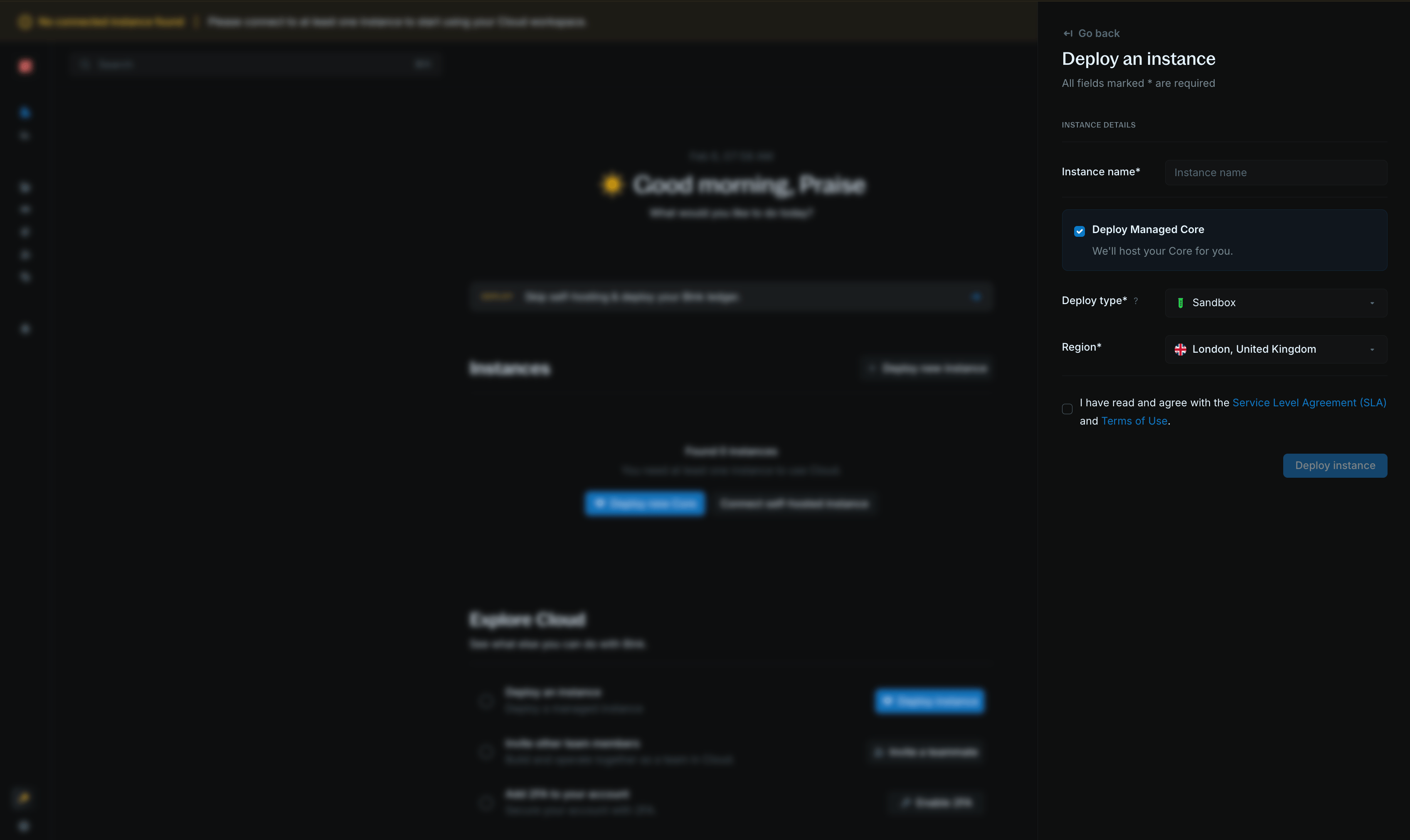 Instance creation form with Deploy managed Core option