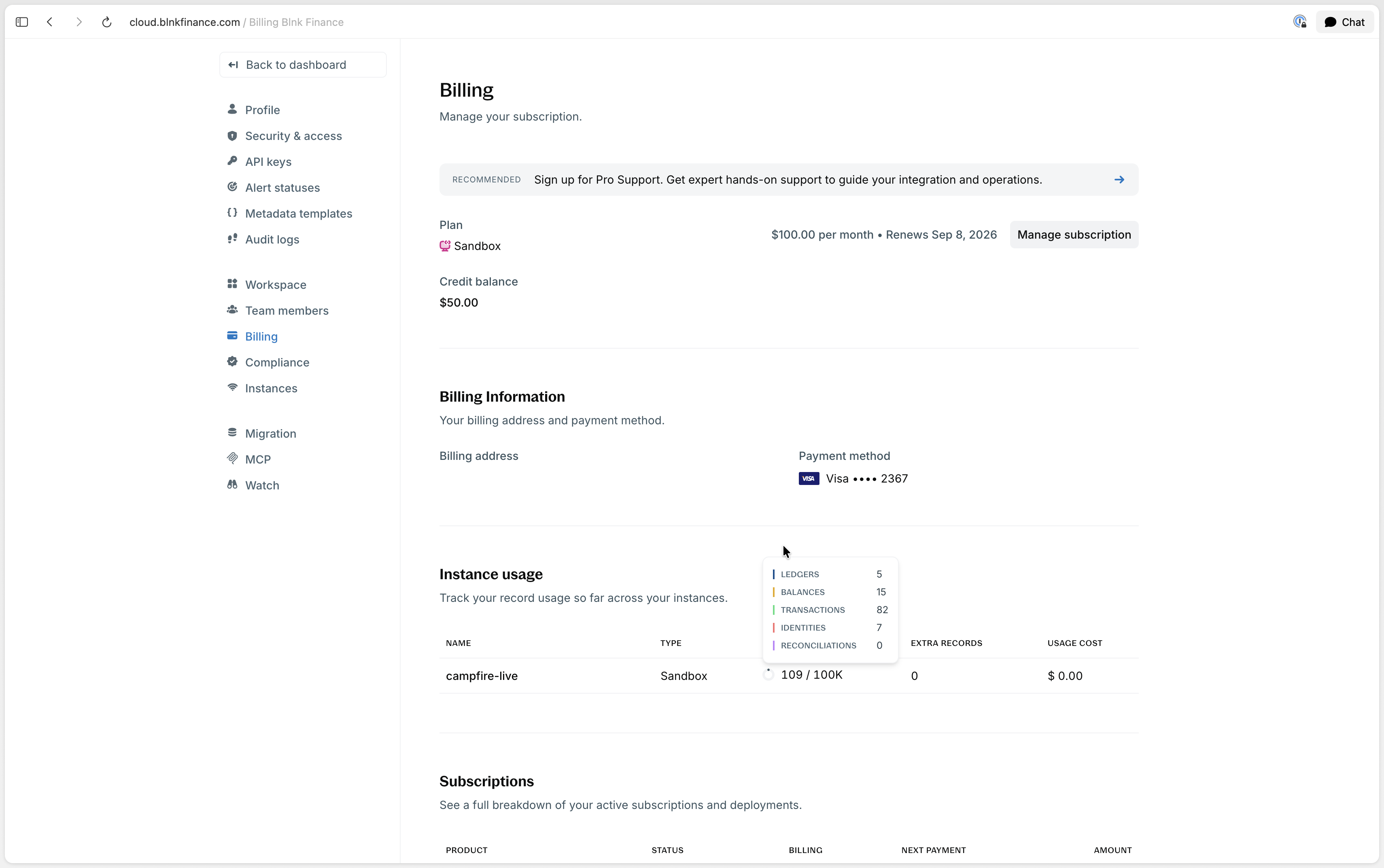 Billing Instance usage table with a tooltip breaking down records into ledgers, balances, transactions, identities, and reconciliations