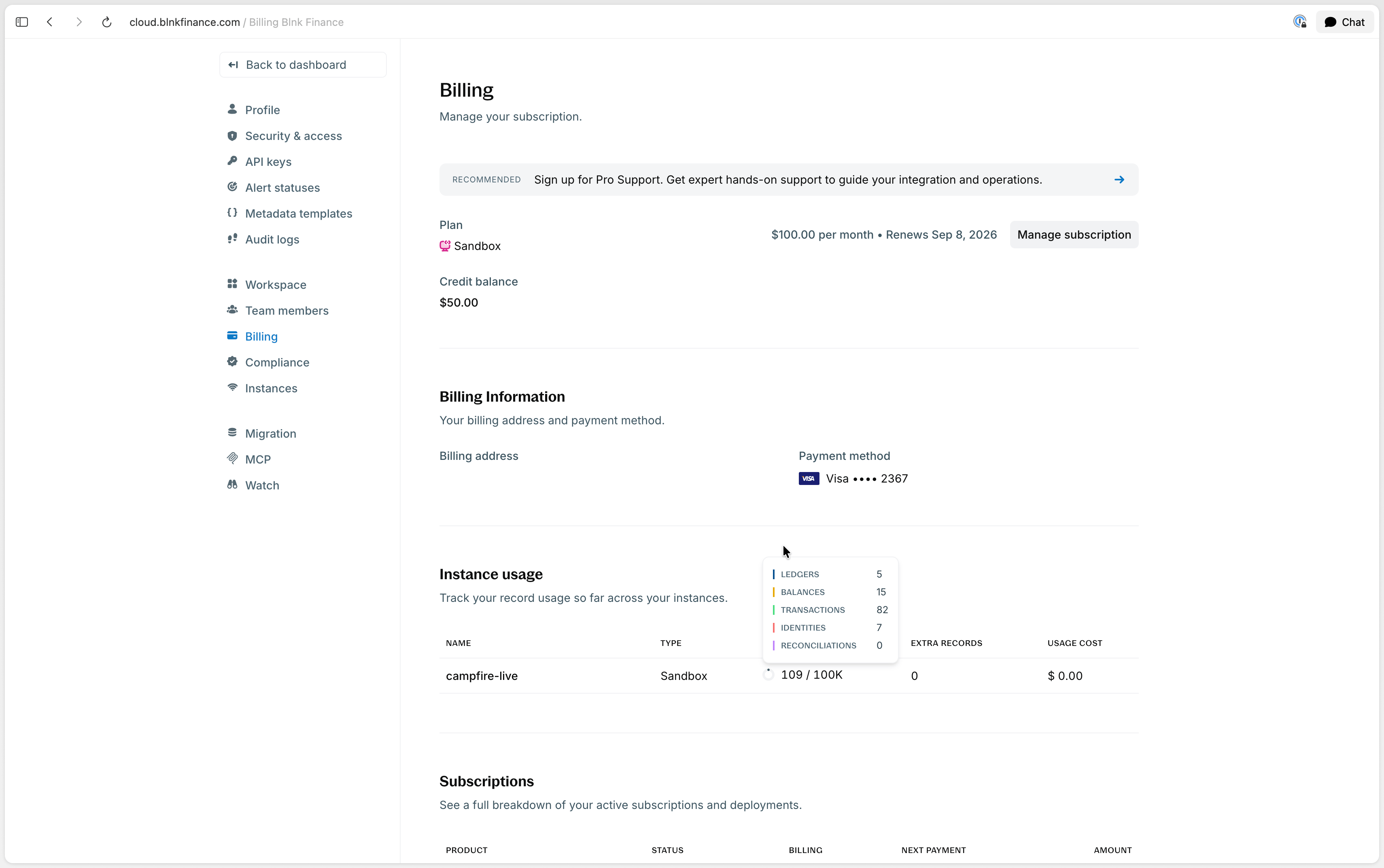 Billing Instance usage table with a tooltip breaking down records into ledgers, balances, transactions, identities, and reconciliations