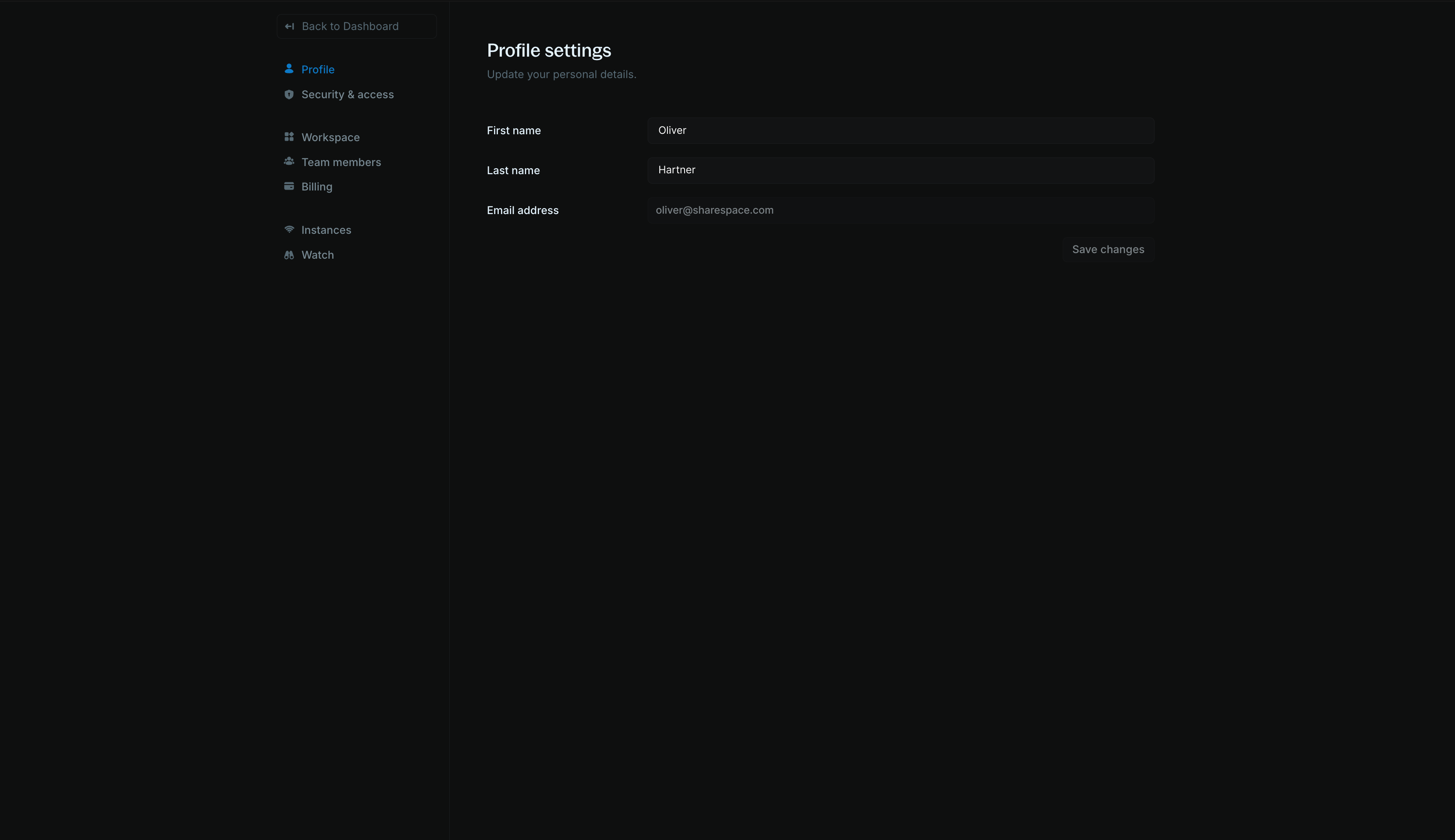 Profile settings page showing user account management interface