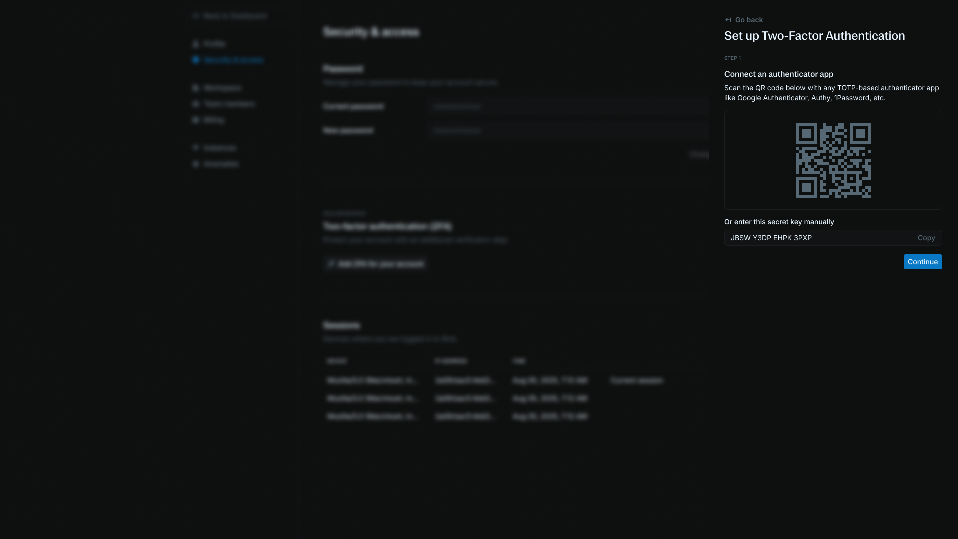 Two-factor authentication setup process with authenticator app instructions