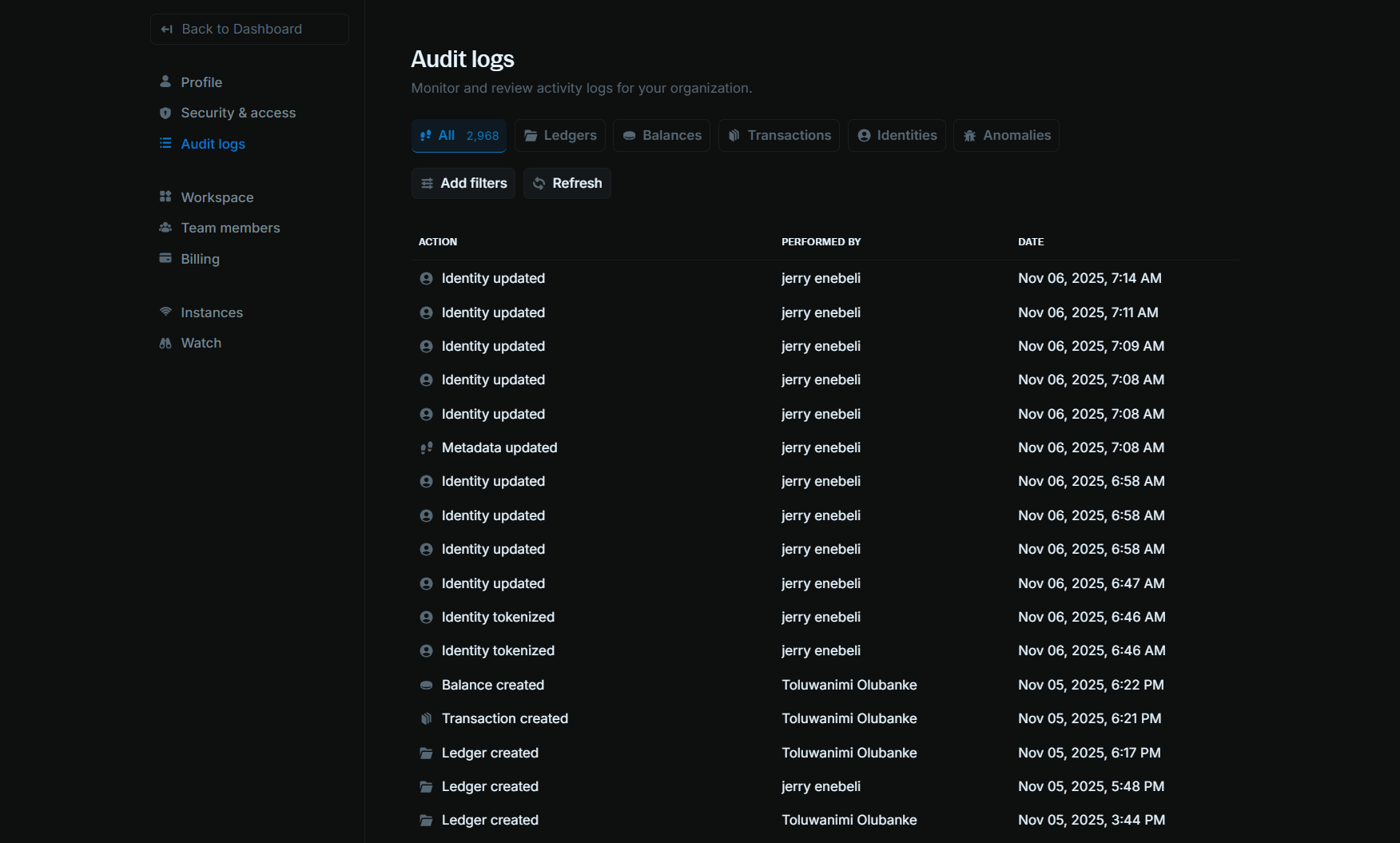 Audit logs page showing activity history