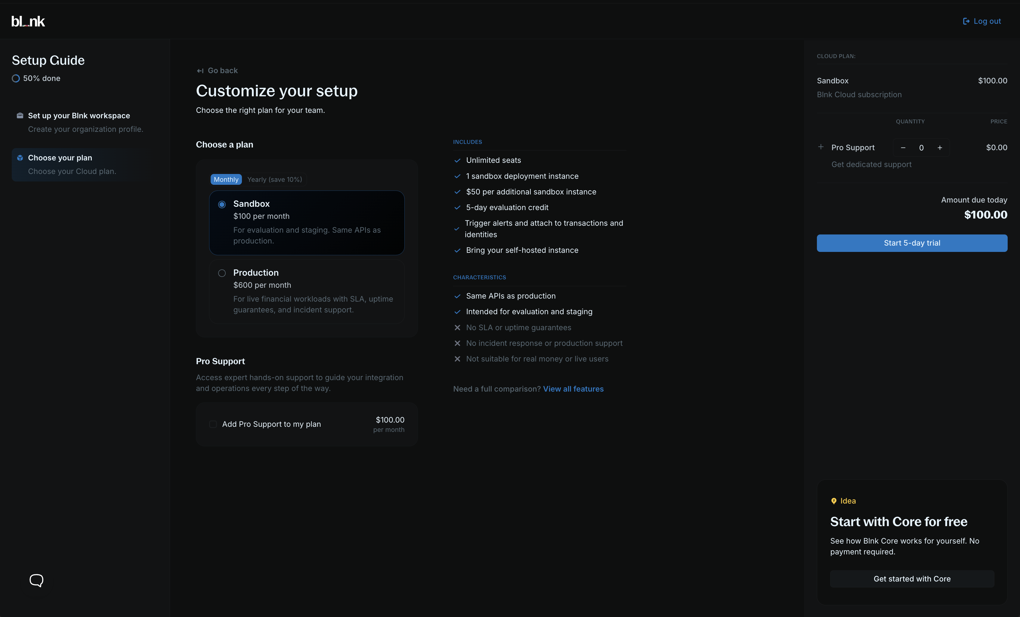 Comparison of Blnk Cloud plans: Sandbox and Production
