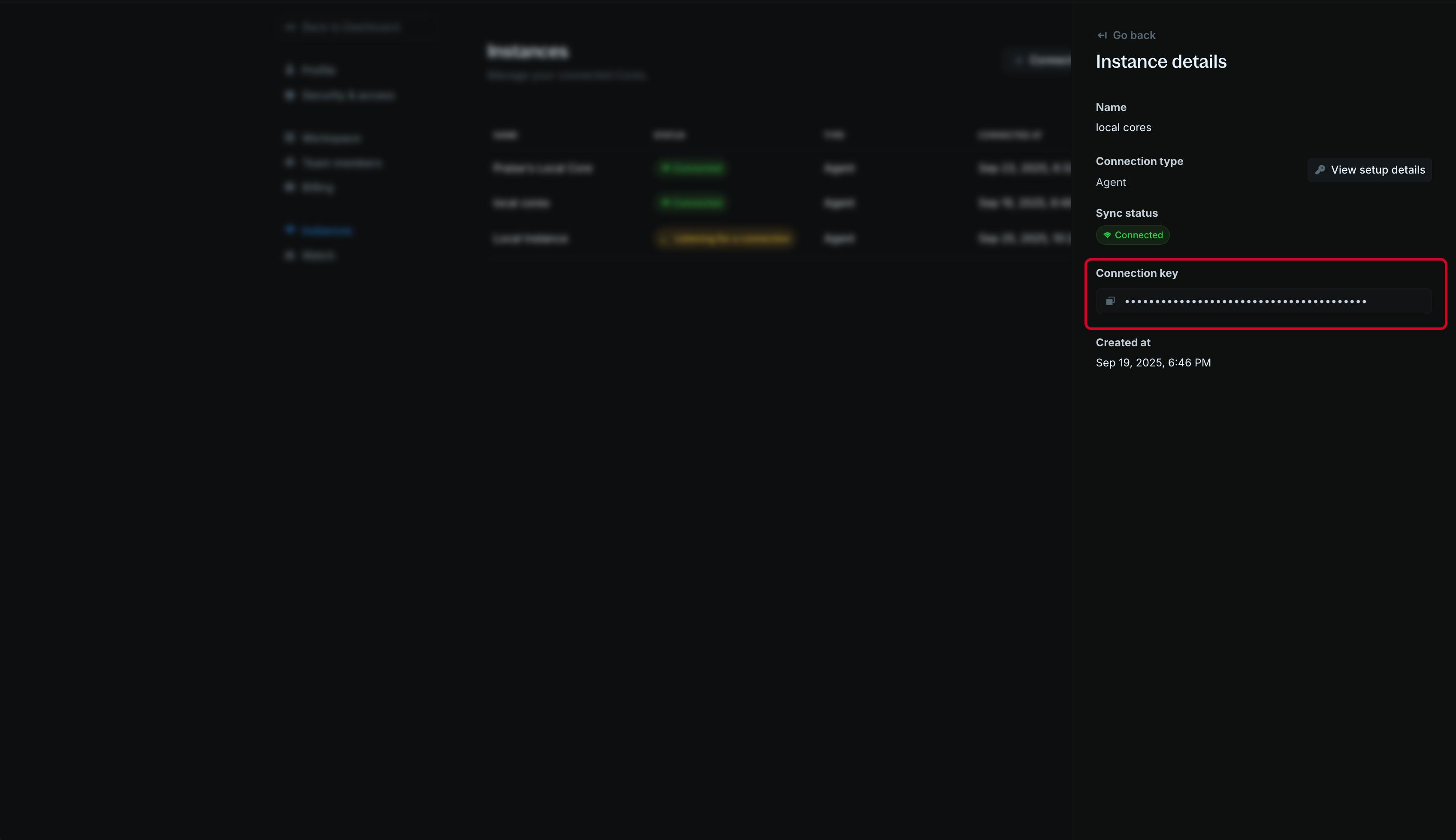 Instance details page showing where to find the connection key