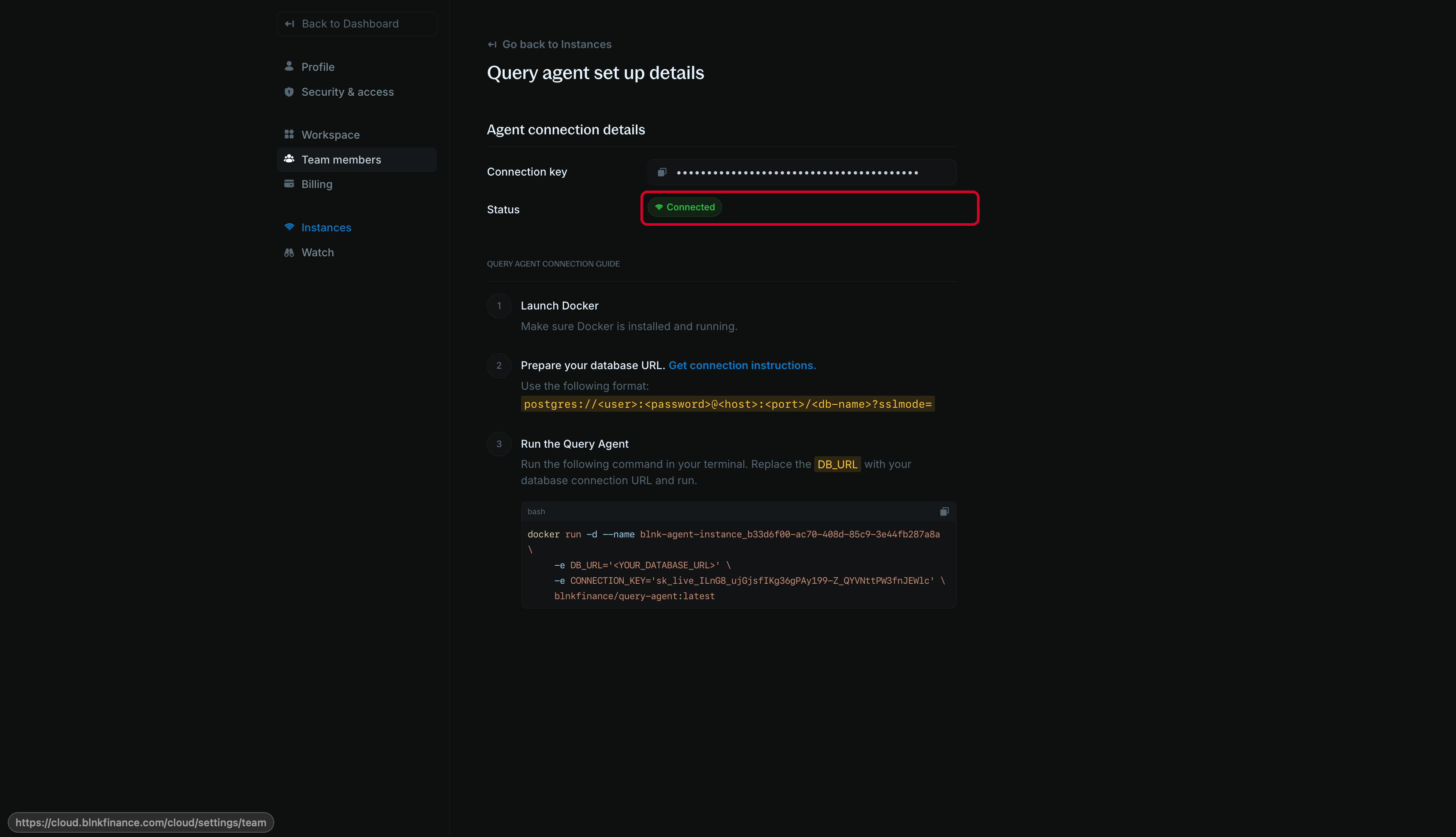 Query Agent setup guide page showing connection details and agent key