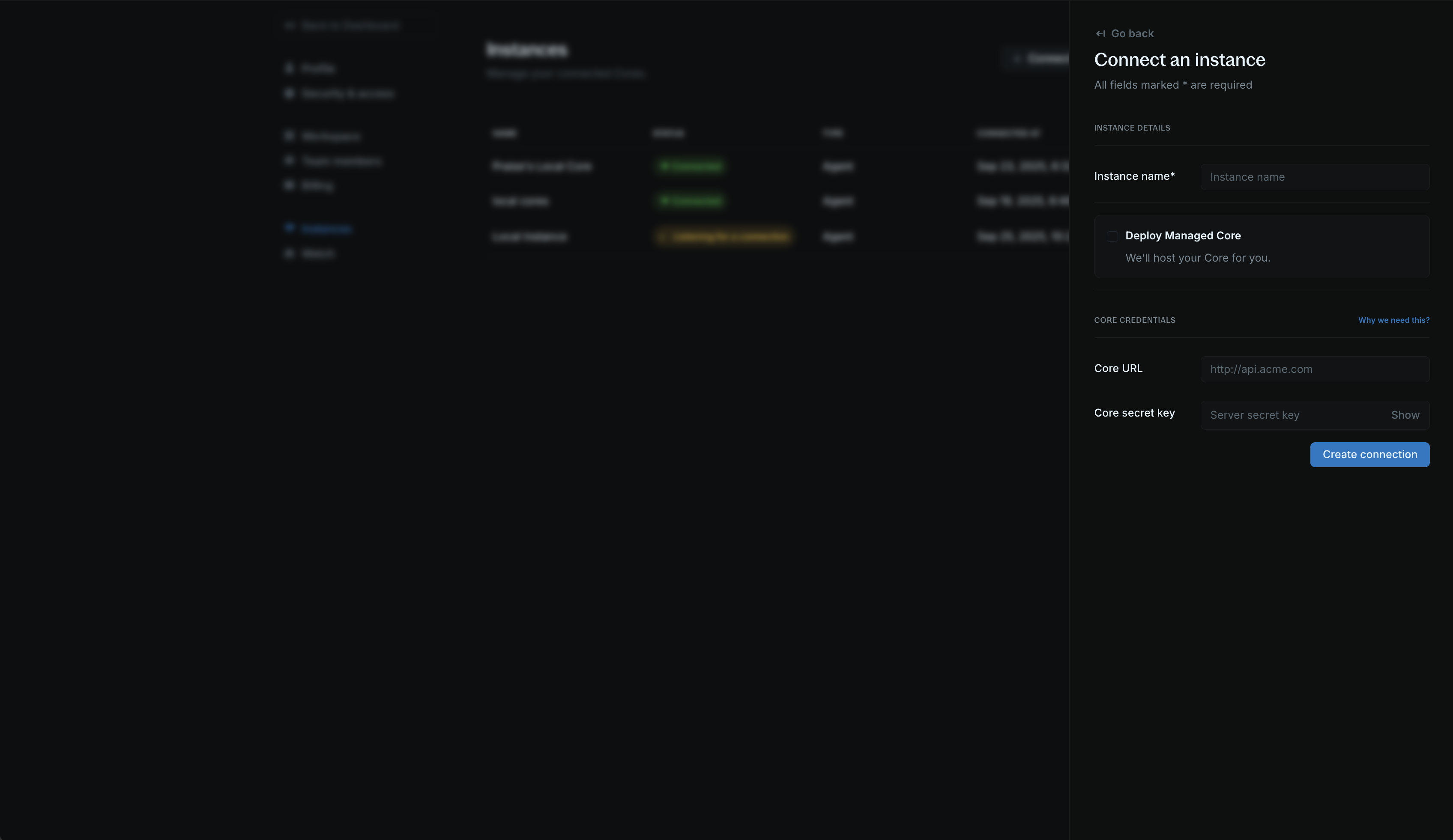 Instance creation form with instance name, Core URL, and secret key fields